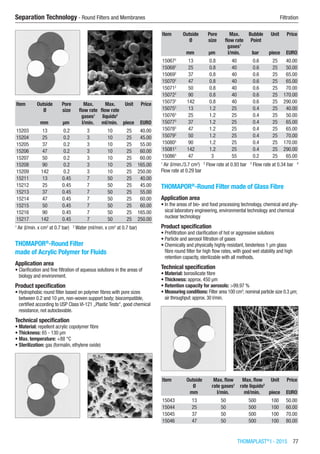 THOMAPLAST®
I - 2015  77
Separation Technology - Round Filters and Membranes	 Filtration
Item Outside
Ø
Pore
size
Max.
flow rate
gases1
Max.
flow rate
liquids2
Unit Price
​ mm µm l/min. ml/min. piece EURO
15203 13 0.2 3 10 25 40.00
15204 25 0.2 3 10 25 45.00
15205 37 0.2 3 10 25 55.00
15206 47 0.2 3 10 25 60.00
15207 50 0.2 3 10 25 60.00
15208 90 0.2 3 10 25 165.00
15209 142 0.2 3 10 25 250.00
15211 13 0.45 7 50 25 40.00
15212 25 0.45 7 50 25 45.00
15213 37 0.45 7 50 25 55.00
15214 47 0.45 7 50 25 60.00
15215 50 0.45 7 50 25 60.00
15216 90 0.45 7 50 25 165.00
15217 142 0.45 7 50 25 250.00
1
Air (l/min. x cm2
at 0.7 bar)   2
Water (ml/min. x cm2
at 0.7 bar)
THOMAPOR®
-Round Filter
made of Acrylic Polymer for Fluids
Application area
•	Clarification and fine filtration of aqueous solutions in the areas of
biology and environment.
Product specification
•	Hydrophobic round filter based on polymer fibres with pore sizes
between 0.2 and 10 µm, non-woven support body; biocompatible,
certified according to USP Class VI-121 „Plastic Tests“, good chemical
resistance, not autoclavable.
Technical specification
•	Material: repellent acrylic copolymer fibre
•	Thickness: 65 - 130 µm
•	Max. temperature: +88 °C
•	Sterilization: gas (formalin, ethylene oxide)​​
Item Outside
Ø
Pore
size
Max.
flow rate
gases1
Bubble
Point
Unit Price
​ mm µm l/min. bar piece EURO
150672
13 0.8 40 0.6 25 40.00
150682
25 0.8 40 0.6 25 50.00
150692
37 0.8 40 0.6 25 65.00
150702
47 0.8 40 0.6 25 65.00
150712
50 0.8 40 0.6 25 70.00
150722
90 0.8 40 0.6 25 170.00
150732
142 0.8 40 0.6 25 290.00
150753
13 1.2 25 0.4 25 40.00
150763
25 1.2 25 0.4 25 50.00
150773
37 1.2 25 0.4 25 65.00
150783
47 1.2 25 0.4 25 65.00
150793
50 1.2 25 0.4 25 70.00
150803
90 1.2 25 0.4 25 170.00
150813
142 1.2 25 0.4 25 290.00
150863
47 3 55 0.2 25 65.00
1
Air (l/min./3.7 cm2
)   2
Flow rate at 0.93 bar   3
Flow rate at 0.34 bar   4
Flow rate at 0.29 bar
THOMAPOR®
-Round Filter made of Glass Fibre
Application area
•	In the areas of bio- and food processing technology, chemical and phy-
sical laboratory engineering, environmental technology and chemical
nuclear technology
Product specification
•	Prefiltration and clarification of hot or aggressive solutions
•	Particle and aerosol filtration of gases
•	Chemically and physically highly resistant, binderless 1 µm glass
fibre round filter for high flow rates, with good wet stability and high
retention capacity, sterilizable with all methods.
Technical specification
•	Material: borosilicate fibre
•	Thickness: approx. 450 µm
•	Retention capacity for aerosols: >99.97 %
•	Measuring conditions: Filter area 100 cm2
; nominal particle size 0.3 µm;
air throughput: approx. 30 l/min.​​
Item Outside
Ø
Max. flow
rate gases1
Max. flow
rate liquids2
Unit Price
​ mm l/min. ml/min. piece EURO
15043 13 50 500 100 50.00
15044 25 50 500 100 60.00
15045 37 50 500 100 70.00
15046 47 50 500 100 80.00
 