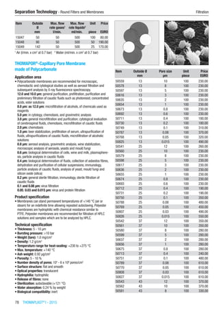 78  THOMAPLAST®
I - 2015
Separation Technology - Round Filters and Membranes	 Filtration
Item Outside
Ø
Max. flow
rate gases1
Max. flow
rate liquids2
Unit Price
​ mm l/min. ml/min. piece EURO
15047 50 50 500 100 80.00
15048 90 50 500 50 190.00
15049 142 50 500 25 170.00
1
Air (l/min. x cm2
at 0.7 bar)   2
Water (ml/min. x cm2
at 0.7 bar)
THOMAPOR®
-Capillary Pore Membrane
made of Polycarbonate
Application area
•	Polycarbonate membranes are recommended for microscopic,
chemotactic and cytological studies as well as aerosol filtration and
subsequent analysis by X-ray fluorescence spectroscopy.
12.0 and 10.0 µm: general purification, prefiltration, purification and
preliminary filtration of caustic fluids such as photoresist, concentrated
acids, ester solutions
8.0 µm: as 12.0 µm: microfiltration of alcohols, of chemicals used as
reagents
5.0 µm: in cytology, chemotaxis, and gravimetric analysis
3.0 µm: general microfiltration and purification; cytological evaluation
of cerebrospinal fluids, chemotaxis, microfiltration of caustic fluids
2.0 µm: chemotaxis
1.0 µm: beer stabilization, prefiltration of serum, ultrapurification of
fluids, ultrapurifications of caustic fluids, microfiltration of alcoholic
solutions
0.8 µm: aerosol analysis, gravimetric analysis, wine stabilization,
microscopic analysis of aerosols, yeasts and mould fungi
0.6 µm: biological determination of cells, wine and milk, plasmaphere-
sis, particle analysis in caustic fluids
0.4 µm: biological determination of fluids, collection of asbestos fibres,
dehydration and purification of cellular suspensions, immunology,
particle analysis of caustic fluids, analysis of yeast, mould fungi and
silicon oxide (silica)
0.2 µm: general sterile filtration, immunology, sterile filtration of
caustic fluids
0.1 and 0.08 µm: virus filtration
0.05; 0.03 and 0.015 µm: virus and protein filtration
Product specification
•	Membranes can stand permanent temperatures of +140 °C (air or
steam) for an indefinite time allowing repeated autoclaving. Polyester
membranes are hydrophilic with chemical resistance similar to
PTFE. Polyester membranes are recommended for filtration of HPLC
solutions and samples which are to be analyzed by HPLC.
Technical specification
•	Thickness: 5 - 10 µm
•	Bursting pressure: >10 bar
•	Weight (tare): 1.0 mg/cm2
•	Density: 1.2 g/cm3
•	Temperature range for heat-sealing: +230 to +275 °C
•	Max. temperature: +140 °C
•	Ash weight: 0.92 µg/cm2
•	Porosity: 5 - 10 %
•	Number density of pores: 105
- 6 x 108
pores/cm2
•	Surface structure: flat and smooth
•	Optical properties: translucent
•	Hydrophilia: hydrophilic
•	Release of fibres: none
•	Sterilization: autoclavable (+121 °C)
•	Water absorption: 0.24 % by weight
•	Biological compatibility: inert​​
Item Outside Ø Pore size Unit Price
​ mm µm piece EURO
50559 13 10 100 230.00
50578 13 8 100 230.00
50597 13 5 100 230.00
50616 13 3 100 230.00
50635 13 2 100 230.00
50654 13 1 100 230.00
50673 13 0.8 100 230.00
50692 13 0.6 100 230.00
50711 13 0.4 100 180.00
50730 13 0.2 100 180.00
50749 13 0.1 100 310.00
50787 13 0.08 100 370.00
50768 13 0.05 100 320.00
50825 13 0.015 100 490.00
50541 25 12 100 260.00
50560 25 10 100 230.00
50579 25 8 100 230.00
50598 25 5 100 230.00
50617 25 3 100 230.00
50636 25 2 100 230.00
50655 25 1 100 230.00
50674 25 0.8 100 230.00
50693 25 0.6 100 230.00
50712 25 0.4 100 190.00
50731 25 0.2 100 190.00
50750 25 0.1 100 350.00
50788 25 0.08 100 480.00
50769 25 0.05 100 450.00
50807 25 0.03 100 490.00
50826 25 0.015 100 550.00
50542 37 12 100 350.00
50561 37 10 100 350.00
50580 37 8 100 280.00
50599 37 5 100 280.00
50637 37 2 100 280.00
50656 37 1 100 280.00
50675 37 0.8 100 280.00
50713 37 0.4 100 240.00
50751 37 0.1 100 480.00
50789 37 0.08 100 610.00
50770 37 0.05 100 610.00
50808 37 0.03 100 610.00
50827 37 0.015 100 610.00
50543 43 12 100 370.00
50562 43 10 100 370.00
50581 43 8 100 330.00
 