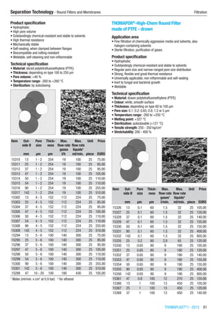 THOMAPLAST®
I - 2015  81
Separation Technology - Round Filters and Membranes	 Filtration
Product specification
•	Hydrophobic
•	High pore volume
•	Outstandingly chemical-resistant and stable to solvents
•	High thermal resistance
•	Mechanically stable
•	Self-sealing, when clamped between flanges
•	Biocompatible and rotting-resistant
•	Weldable, self-cleaning and non-inflammable
Technical specification
•	Material: sliced polytetrafluoroethylene (PTFE)
•	Thickness: depending on type 100 to 250 µm
•	Pore volume: >40 %
•	Temperature range: -260 to +260 °C
•	Sterilization: by autoclaving​​
Item Out-
side Ø
Pore
size
Thick-
ness
Max.
flow rate
gases
Max.
flow rate
liquids1
Unit Price
​ mm µm µm l/h ml/min. piece EURO
15310 13 1 - 2 254 19 100 25 75.00
15311 25 1 - 2 254 19 100 25 85.00
15312 37 1 - 2 254 19 100 25 95.00
15313 47 1 - 2 254 19 100 25 105.00
15314 50 1 - 2 254 19 100 25 110.00
15315 54 1 - 2 254 19 100 25 110.00
15316 90 1 - 2 254 19 100 25 255.00
15317 142 1 - 2 254 19 100 25 510.00
15302 13 4 - 5 152 112 224 25 75.00
15303 25 4 - 5 152 112 224 25 85.00
15304 37 4 - 5 152 112 224 25 95.00
15305 47 4 - 5 152 112 224 25 105.00
15306 50 4 - 5 152 112 224 25 110.00
15307 54 4 - 5 152 112 224 25 110.00
15308 90 4 - 5 152 112 224 25 255.00
15309 142 4 - 5 152 112 224 25 510.00
15294 13 5 - 6 100 140 300 25 75.00
15295 25 5 - 6 100 140 300 25 85.00
15296 37 5 - 6 100 140 300 25 95.00
15297 47 5 - 6 100 140 300 25 105.00
15298 50 5 - 6 100 140 300 25 110.00
15299 54 5 - 6 100 140 300 25 110.00
15300 90 5 - 6 100 140 300 25 255.00
15301 142 5 - 6 100 140 300 25 510.00
15288 47 10 - 20 100 180 430 25 105.00
1
Water (ml/min. x cm2
at 0.9 bar)   2
for ethanol
THOMAPOR®
-High-Chem Round Filter
made of PTFE - drawn
Application area
•	Fine filtration of chemically aggressive media and solvents, also
halogen-containing solvents
•	Sterile filtration, purification of gases
Product specification
•	Hydrophobic
•	Outstandingly chemical-resistant and stable to solvents
•	Regular pore size and narrow-ranged pore size distribution
•	Strong, flexible and great thermal resistance
•	Universally applicable, non-inflammable and self-sealing
•	Inert to fungal and bacterial growth
•	Weldable
Technical specification
•	Material: drawn polytetrafluoroethylene (PTFE)
•	Colour: white, smooth surface
•	Thickness: depending on type 60 to 100 µm
•	Pore size: 0.1; 0.2; 0.65; 0.8; 1.2 or 5 µm
•	Temperature range: -260 to +250 °C
•	Melting point: +327 °C
•	Sterilization: autoclavable (+121 °C)
•	Tensile strength: 250 - 350 kg/cm2
•	Stretchability: 200 - 400 %​​
Item Out-
side Ø
Pore
size
Thick-
ness
Max.
flow rate
gases1
Max.
flow rate
liquids2
Unit Price
​ mm µm µm l/min. ml/min. piece EURO
15326 13 0.1 60 1.5 32 25 105.00
15327 25 0.1 60 1.5 32 25 120.00
15328 37 0.1 60 1.5 32 25 140.00
15329 47 0.1 60 1.5 32 25 155.00
15330 50 0.1 60 1.5 32 25 155.00
15331 90 0.1 60 1.5 32 25 400.00
15332 142 0.1 60 1.5 32 25 805.00
15335 25 0.2 60 2.8 65 25 120.00
15350 13 0.65 80 9 190 25 105.00
15351 25 0.65 80 9 190 25 120.00
15352 37 0.65 80 9 190 25 140.00
15353 47 0.65 80 9 190 25 155.00
15354 50 0.65 80 9 190 25 155.00
15355 90 0.65 80 9 190 25 400.00
15356 142 0.65 80 9 190 25 805.00
15361 47 0.8 100 12 270 25 155.00
15366 13 1 100 13 450 25 105.00
15367 25 1 100 13 450 25 120.00
15368 37 1 100 13 450 25 140.00
 