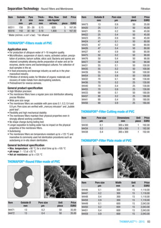 THOMAPLAST®
I - 2015  83
Separation Technology - Round Filters and Membranes	 Filtration
Item Outside
Ø
Pore
size
Thick-
ness
Max. flow
rate liquids1
Unit Price
​ mm µm mm ml/min. piece EURO
60311 150 20 - 30 0.15 620 5 167.00
60316 150 30 - 60 0.18 1,800 5 167.00
1
Water (ml/min. x cm2
x bar)   2
for ethanol
THOMAPOR®
-Filters made of PVC
Application area
•	For production of ultrapure water of 1-18 megohm quality.
•	Microfiltration; suspension of starch, resins, activated carbon; precipi-
tation of proteins, barium sulfate, silicic acid. Bacteria and spores are
retained completely allowing sterile preparation of water and air for
enzymes, sterile rooms and bacteriological cultures. For collection of
dust samples in the air.
•	In food processing and beverage industry as well as in the phar-
maceutical industry.
•	Filtration of drinking water, for filtration of organic materials and
recovery of noble metals from electroplating solutions.
•	Pretreatment for reverse osmosis.
General product specification
•	High filtration precision:
•	The membrane filters have a regular pore size distribution allowing
precise filtration.
•	Wide pore size range:
•	The membrane filters are available with pore sizes 0.1; 0.2; 0.4 and
0.9 µm. Pore sizes are verified with „mercury intrusion“ and „bubble
point test“.
•	Flexibility and high mechanical stability:
•	The membrane filters maintain their physical properties even in
strongly altered working conditions.
•	No shape change during boiling test:
•	Longer exposition to boiling water has no impact on the physical
properties of the membrane filters.
•	Autoclaving:
•	The membrane filters are temperature-resistant up to +125 °C and
insensitive to commonly used hot sterilization procedures such as
autoclaving or in-situ steam sterilization.
General technical specification
•	Max. temperature: +90 °C, for a short time up to +105 °C
•	pH range: 1 - 12 at +35 °C
•	Hot air resistance: up to +125 °C​
THOMAPOR®
-Round Filter made of PVC​​
Item Outside Ø Pore size Unit Price
​ mm µm piece EURO
94471 13 0.2 50 35.00
94472 13 0.4 50 35.00
Item Outside Ø Pore size Unit Price
​ mm µm piece EURO
94473 13 0.9 50 35.00
94420 25 0.1 50 45.00
94421 25 0.2 50 45.00
94422 25 0.4 50 45.00
94423 25 0.9 50 45.00
94424 47 0.1 50 80.00
94425 47 0.2 50 80.00
94426 47 0.4 50 80.00
94427 47 0.9 50 80.00
94475 50 0.2 50 90.00
94476 50 0.4 50 90.00
94477 50 0.9 50 90.00
94431 55 0.1 50 100.00
94435 55 0.2 50 100.00
94439 55 0.4 50 100.00
94454 55 0.9 50 100.00
94432 70 0.1 50 130.00
94436 70 0.2 25 130.00
94440 70 0.4 25 130.00
94455 70 0.9 25 130.00
94433 90 0.1 50 180.00
94437 90 0.2 25 180.00
94441 90 0.4 25 180.00
94456 90 0.9 25 180.00
THOMAPOR®
-Filter Cutting made of PVC​​​
Item Pore size Dimensions Unit Price
​ µm mm piece EURO
94430 0.1 300 x 300 1 192.00
94434 0.2 300 x 300 1 192.00
94438 0.4 300 x 300 1 192.00
THOMAPOR®
-Filter Plate made of PVC​​
Item Pore size Width Unit Price
​ µm mm m EURO
94446 0.1 300 15 1,118.00
94447 0.2 300 15 1,118.00
94448 0.4 300 15 1,118.00
94458 0.9 300 15 1,118.00
94449 0.1 600 15 2,043.00
94450 0.2 600 15 2,043.00
94451 0.4 600 15 2,043.00
94459 0.9 600 15 2,043.00
 