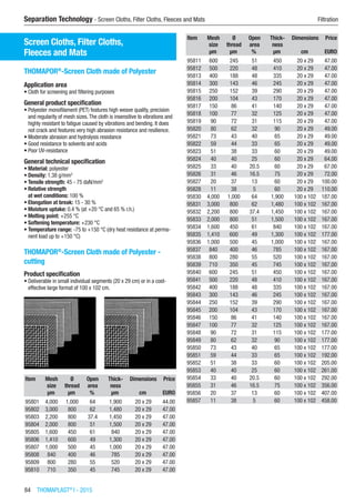 84  THOMAPLAST®
I - 2015
Separation Technology - Screen Cloths, Filter Cloths, Fleeces and Mats	 Filtration
Screen Cloths, Filter Cloths,
Fleeces and Mats
THOMAPOR®
-Screen Cloth made of Polyester
Application area
•	Cloth for screening and filtering purposes
General product specification
•	Polyester monofilament (PET) features high weave quality, precision
and regularity of mesh sizes.The cloth is insensitive to vibrations and
highly resistant to fatigue caused by vibrations and bending. It does
not crack and features very high abrasion resistance and resilience.
•	Moderate abrasion and hydrolysis resistance
•	Good resistance to solvents and acids
•	Poor UV-resistance
General technical specification
•	Material: polyester
•	Density: 1.38 g/mm3
•	Tensile strength: 45 - 75 daN/mm2
•	Relative strength
at wet conditions: 100 %
•	Elongation at break: 15 - 30 %
•	Moisture uptake: 0.4 % (at +20 °C and 65 % r.h.)
•	Melting point: +255 °C
•	Softening temperature: +230 °C
•	Temperature range: -75 to +150 °C (dry heat resistance at perma-
nent load up to +150 °C)​
THOMAPOR®
-Screen Cloth made of Polyester -
cutting
Product specification
•	Deliverable in small individual segments (20 x 29 cm) or in a cost-
effective large format of 100 x 102 cm.​​
Item Mesh
size
Ø
thread
Open
area
Thick-
ness
Dimensions Price
​ µm µm % µm cm EURO
95801 4,000 1,000 64 1,900 20 x 29 44.00
95802 3,000 800 62 1,480 20 x 29 47.00
95803 2,200 800 37.4 1,450 20 x 29 47.00
95804 2,000 800 51 1,500 20 x 29 47.00
95805 1,600 450 61 840 20 x 29 47.00
95806 1,410 600 49 1,300 20 x 29 47.00
95807 1,000 500 45 1,000 20 x 29 47.00
95808 840 400 46 785 20 x 29 47.00
95809 800 280 55 520 20 x 29 47.00
95810 710 350 45 745 20 x 29 47.00
Item Mesh
size
Ø
thread
Open
area
Thick-
ness
Dimensions Price
​ µm µm % µm cm EURO
95811 600 245 51 450 20 x 29 47.00
95812 500 220 48 410 20 x 29 47.00
95813 400 188 48 335 20 x 29 47.00
95814 300 143 46 245 20 x 29 47.00
95815 250 152 39 290 20 x 29 47.00
95816 200 104 43 170 20 x 29 47.00
95817 150 86 41 140 20 x 29 47.00
95818 100 77 32 125 20 x 29 47.00
95819 90 72 31 115 20 x 29 47.00
95820 80 62 32 90 20 x 29 49.00
95821 73 43 40 65 20 x 29 49.00
95822 59 44 33 65 20 x 29 49.00
95823 51 38 33 60 20 x 29 49.00
95824 40 40 25 60 20 x 29 64.00
95825 33 40 20.5 60 20 x 29 67.00
95826 31 46 16.5 75 20 x 29 72.00
95827 20 37 13 60 20 x 29 100.00
95828 11 38 5 60 20 x 29 110.00
95830 4,000 1,000 64 1,900 100 x 102 187.00
95831 3,000 800 62 1,480 100 x 102 167.00
95832 2,200 800 37.4 1,450 100 x 102 167.00
95833 2,000 800 51 1,500 100 x 102 167.00
95834 1,600 450 61 840 100 x 102 167.00
95835 1,410 600 49 1,300 100 x 102 177.00
95836 1,000 500 45 1,000 100 x 102 167.00
95837 840 400 46 785 100 x 102 167.00
95838 800 280 55 520 100 x 102 167.00
95839 710 350 45 745 100 x 102 167.00
95840 600 245 51 450 100 x 102 167.00
95841 500 220 48 410 100 x 102 167.00
95842 400 188 48 335 100 x 102 167.00
95843 300 143 46 245 100 x 102 167.00
95844 250 152 39 290 100 x 102 167.00
95845 200 104 43 170 100 x 102 167.00
95846 150 86 41 140 100 x 102 167.00
95847 100 77 32 125 100 x 102 167.00
95848 90 72 31 115 100 x 102 177.00
95849 80 62 32 90 100 x 102 177.00
95850 73 43 40 65 100 x 102 177.00
95851 59 44 33 65 100 x 102 192.00
95852 51 38 33 60 100 x 102 205.00
95853 40 40 25 60 100 x 102 261.00
95854 33 40 20.5 60 100 x 102 292.00
95855 31 46 16.5 75 100 x 102 356.00
95856 20 37 13 60 100 x 102 407.00
95857 11 38 5 60 100 x 102 458.00
 