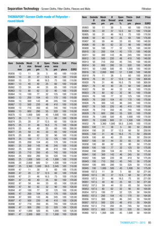 THOMAPLAST®
I - 2015  85
Separation Technology - Screen Cloths, Filter Cloths, Fleeces and Mats	 Filtration
THOMAPOR®
-Screen Cloth made of Polyester -
round blank​​
Item Outside
Ø
Mesh
size
Ø
thread
Open
area
Thick-
ness
Unit Price
​ mm µm µm % µm piece EURO
95858 13 11 38 5 60 100 110.00
95859 13 20 37 12.5 60 100 110.00
95860 13 31 46 16.5 75 100 110.00
95861 13 40 40 25 60 100 110.00
95862 13 59 44 33 65 100 110.00
95863 13 80 62 32 90 100 110.00
95864 13 100 77 32 125 100 110.00
95865 13 200 104 43 170 100 110.00
95866 13 300 143 46 245 100 110.00
95867 13 500 220 48 410 100 110.00
95868 13 710 350 45 745 100 110.00
95869 13 800 280 55 520 100 110.00
95870 13 1,000 500 45 1,000 100 110.00
95873 25 11 38 5 60 100 130.00
95874 25 20 37 12.5 60 100 130.00
95875 25 31 46 16.5 75 100 130.00
95876 25 40 40 25 60 100 200.00
95877 25 59 44 33 65 100 110.00
95878 25 80 62 32 90 100 110.00
95879 25 100 77 32 125 100 110.00
95880 25 200 104 43 170 100 110.00
95881 25 300 143 46 245 100 110.00
95882 25 500 220 48 410 100 110.00
95883 25 710 350 45 745 100 110.00
95884 25 800 280 55 520 100 110.00
95885 25 1,000 500 45 1,000 100 110.00
95886 25 2,000 800 51 1,500 100 110.00
95887 25 3,360 1,000 59.5 2,045 100 110.00
95888 47 11 38 5 60 100 170.00
95889 47 20 37 12.5 60 100 170.00
95890 47 31 46 16.5 75 100 170.00
95891 47 40 40 25 60 100 170.00
95892 47 59 44 33 65 100 120.00
95893 47 80 62 32 90 100 120.00
95894 47 100 77 32 125 100 120.00
95895 47 200 104 43 170 100 120.00
95896 47 300 143 46 245 100 120.00
95897 47 500 220 48 410 100 120.00
95898 47 710 350 45 745 100 120.00
95899 47 800 280 55 520 100 120.00
95900 47 1,000 500 45 1,000 100 120.00
95901 47 2,000 800 51 1,500 100 120.00
Item Outside
Ø
Mesh
size
Ø
thread
Open
area
Thick-
ness
Unit Price
​ mm µm µm % µm piece EURO
95903 50 11 38 5 60 100 170.00
95904 50 20 37 12.5 60 100 170.00
95905 50 31 46 16.5 75 100 170.00
95906 50 40 40 25 60 100 170.00
95907 50 59 44 33 65 100 140.00
95908 50 80 62 32 90 100 140.00
95909 50 100 77 32 125 100 140.00
95910 50 200 104 43 170 100 140.00
95911 50 300 143 46 245 100 140.00
95912 50 500 220 48 410 100 140.00
95913 50 710 350 45 745 100 140.00
95914 50 800 280 55 520 100 140.00
95915 50 1,000 500 45 1,000 100 140.00
95916 50 2,000 800 51 1,500 100 140.00
95918 76 11 38 5 60 100 300.00
95919 76 20 37 12.5 60 100 300.00
95920 76 31 46 16.5 75 100 300.00
95921 76 40 40 25 60 100 248.00
95922 76 59 44 33 65 100 170.00
95923 76 80 62 32 90 100 170.00
95924 76 100 77 32 125 100 170.00
95925 76 200 104 43 170 100 170.00
95926 76 300 143 46 245 100 170.00
95927 76 500 220 48 410 100 170.00
95928 76 710 350 45 745 100 170.00
95929 76 800 280 55 520 100 170.00
95930 76 1,000 500 45 1,000 100 170.00
95931 76 2,000 800 51 1,500 100 170.00
95932 76 3,360 1,000 59.5 2,045 100 170.00
95933 100 11 38 5 60 50 250.00
95934 100 20 37 12.5 60 50 250.00
95935 100 31 46 16.5 75 50 250.00
95936 100 40 40 25 60 50 250.00
95937 100 59 44 33 65 50 175.00
95938 100 80 62 32 90 50 175.00
95939 100 100 77 32 125 50 175.00
95940 100 200 104 43 170 50 175.00
95941 100 300 143 46 245 50 175.00
95942 100 500 220 48 410 50 175.00
95943 100 710 350 45 745 50 175.00
95944 100 800 280 55 520 50 175.00
95945 100 1,000 500 45 1,000 50 175.00
95948 107.5 11 38 5 60 50 271.00
95949 107.5 20 37 12.5 60 50 271.00
95950 107.5 31 46 16.5 75 50 271.00
95951 107.5 40 40 25 60 50 271.00
95952 107.5 59 44 33 65 50 164.00
95953 107.5 80 62 32 90 50 164.00
95954 107.5 100 77 32 125 50 164.00
95955 107.5 200 104 43 170 50 164.00
95956 107.5 300 143 46 245 50 164.00
95957 107.5 500 220 48 410 50 164.00
95958 107.5 710 350 45 745 50 164.00
95959 107.5 800 280 55 520 50 164.00
95960 107.5 1,000 500 45 1,000 50 164.00
 