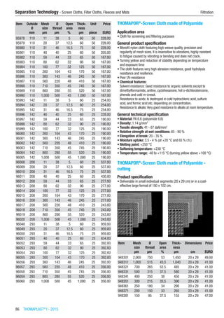 86  THOMAPLAST®
I - 2015
Separation Technology - Screen Cloths, Filter Cloths, Fleeces and Mats	 Filtration
Item Outside
Ø
Mesh
size
Ø
thread
Open
area
Thick-
ness
Unit Price
​ mm µm µm % µm piece EURO
95978 110 11 38 5 60 50 228.00
95979 110 20 37 12.5 60 50 228.00
95980 110 31 46 16.5 75 50 228.00
95981 110 40 40 25 60 50 205.00
95982 110 59 44 33 65 50 167.00
95983 110 80 62 32 90 50 167.00
95984 110 100 77 32 125 50 167.00
95985 110 200 104 43 170 50 167.00
95986 110 300 143 46 245 50 167.00
95987 110 500 220 48 410 50 167.00
95988 110 710 350 45 745 50 167.00
95989 110 800 280 55 520 50 167.00
95990 110 1,000 500 45 1,000 50 167.00
95993 142 11 38 5 60 25 254.00
95994 142 20 37 12.5 60 25 254.00
95995 142 31 46 16.5 75 25 254.00
95996 142 40 40 25 60 25 228.00
95997 142 59 44 33 65 25 190.00
95998 142 80 62 32 90 25 190.00
95999 142 100 77 32 125 25 190.00
96000 142 200 104 43 170 25 190.00
96001 142 300 143 46 245 25 190.00
96002 142 500 220 48 410 25 190.00
96003 142 710 350 45 745 25 190.00
96004 142 800 280 55 520 25 190.00
96005 142 1,000 500 45 1,000 25 190.00
96008 200 11 38 5 60 25 537.00
96009 200 20 37 12.5 60 25 537.00
96010 200 31 46 16.5 75 25 537.00
96011 200 40 40 25 60 25 430.00
96012 200 59 44 33 65 25 277.00
96013 200 80 62 32 90 25 277.00
96014 200 100 77 32 125 25 277.00
96015 200 200 104 43 170 25 277.00
96016 200 300 143 46 245 25 277.00
96017 200 500 220 48 410 25 243.00
96018 200 710 350 45 745 25 243.00
96019 200 800 280 55 520 25 243.00
96020 200 1,000 500 45 1,000 25 243.00
96048 293 11 38 5 60 25 959.00
96049 293 20 37 12.5 60 25 959.00
96050 293 31 46 16.5 75 25 959.00
96051 293 40 40 25 60 25 634.00
96052 293 59 44 33 65 25 392.00
96053 293 80 62 32 90 25 392.00
96054 293 100 77 32 125 25 392.00
96055 293 200 104 43 170 25 392.00
96056 293 300 143 46 245 25 392.00
96057 293 500 220 48 410 25 356.00
96058 293 710 350 45 745 25 356.00
96059 293 800 280 55 520 25 356.00
96060 293 1,000 500 45 1,000 25 356.00
THOMAPOR®
-Screen Cloth made of Polyamide
Application area
•	Cloth for screening and filtering purposes
General product specification
•	Monofil nylon cloth featuring high weave quality, precision and
regularity of mesh sizes. It is insensitive to vibrations, highly resistant
to fatigue caused by vibrating or bending and does not crack.
•	Turning yellow and reduction of stability depending on temperature
and exposure time
•	The cloth features very high abrasion resistance, good hydrolysis
resistance and resilience.
•	Poor UV-resistance
•	Chemical features:
Solvent resistance: Good resistance to organic solvents except to
dimethylformamide, aniline, cyclohexanone, hot o-dichlorobenzene,
phenols and cold m-cresol.
Resistance to acids: Is destroyed in cold hydrochloric acid, sulfuric
acid, and formic acid etc. depending on concentration.
Resistance to alkalis:Very good resistance to alkalis at room temperature.
General technical specification
•	Material: PA 6.6 (polyamide 6.6)
•	Density: 1.14 g/mm3
•	Tensile strength: 41 - 67 daN/mm2
•	Relative strength at wet conditions: 85 - 90 %
•	Elongation at break: 20 - 35 %
•	Moisture uptake: 3.5 - 4 % (at +20 °C and 65 % r.h.)
•	Melting point: +250 °C
•	Softening temperature: +230 °C
•	Temperature range: -40 to +115 °C (turning yellow above +100 °C)​
THOMAPOR®
-Screen Cloth made of Polyamide -
cutting
Product specification
•	Deliverable in small individual segments (20 x 29 cm) or in a cost-
effective large format of 100 x 102 cm.​​
Item Mesh
size
Ø
thread
Open
area
Thick-
ness
Dimensions Price
​ µm µm % µm cm EURO
948301 2,000 750 53 1,450 20 x 29 49.00
948311 1,000 515 43.5 1,040 20 x 29 41.00
948321 700 265 52.5 485 20 x 29 41.00
948331 500 315 37.5 580 20 x 29 41.00
948341 400 250 38 450 20 x 29 41.00
948351 300 215 33.5 390 20 x 29 41.00
948361 250 180 34 290 20 x 29 41.00
948371 200 150 33 265 20 x 29 41.00
948381 150 95 37.5 155 20 x 29 47.00
 