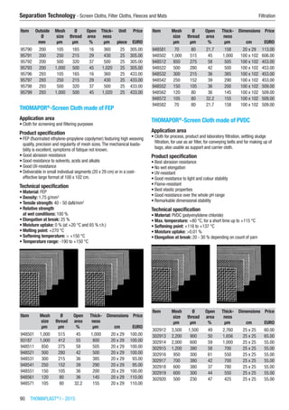 90  THOMAPLAST®
I - 2015
Separation Technology - Screen Cloths, Filter Cloths, Fleeces and Mats	 Filtration
Item Outside
Ø
Mesh
size
Ø
thread
Open
area
Thick-
ness
Unit Price
​ mm µm µm % µm piece EURO
95790 200 105 165 16 360 25 305.00
95791 200 250 215 29 430 25 305.00
95792 200 500 320 37 500 25 305.00
95793 200 1,000 500 45 1,020 25 305.00
95796 293 105 165 16 360 25 433.00
95797 293 250 215 29 430 25 433.00
95798 293 500 320 37 500 25 433.00
95799 293 1,000 500 45 1,020 25 433.00
THOMAPOR®
-Screen Cloth made of FEP
Application area
•	Cloth for screening and filtering purposes
Product specification
•	FEP (fluorinated ethylene-propylene copolymer) featuring high weaving
quality, precision and regularity of mesh sizes.The mechanical loada-
bility is excellent, symptoms of fatique not known.
•	Good abrasion resistance
•	Good resistance to solvents, acids and alkalis
•	Good UV-resistance
•	Deliverable in small individual segments (20 x 29 cm) or in a cost-
effective large format of 100 x 102 cm.
Technical specification
•	Material: FEP
•	Density: 1.75 g/mm3
•	Tensile strength: 40 - 50 daN/mm2
•	Relative strength
at wet conditions: 100 %
•	Elongation at break: 25 %
•	Moisture uptake: 0 % (at +20 °C and 65 % r.h.)
•	Melting point: +270 °C
•	Softening temperature: > +150 °C
•	Temperature range: -190 to +150 °C​​
Item Mesh
size
Ø
thread
Open
area
Thick-
ness
Dimensions Price
​ µm µm % µm cm EURO
948501 1,000 515 45 1,000 20 x 29 100.00
93187 1,000 412 55 800 20 x 29 100.00
948511 850 275 58 505 20 x 29 100.00
948521 500 280 42 500 20 x 29 100.00
948531 300 215 36 385 20 x 29 93.00
948541 250 152 39 290 20 x 29 95.00
948551 150 105 36 200 20 x 29 100.00
948561 120 80 36 145 20 x 29 110.00
948571 105 80 32.2 155 20 x 29 110.00
Item Mesh
size
Ø
thread
Open
area
Thick-
ness
Dimensions Price
​ µm µm % µm cm EURO
948581 70 80 21.7 158 20 x 29 113.00
948502 1,000 515 45 1,000 100 x 102 606.00
948512 850 275 58 505 100 x 102 453.00
948522 500 280 42 500 100 x 102 453.00
948532 300 215 36 385 100 x 102 453.00
948542 250 152 39 290 100 x 102 453.00
948552 150 105 36 200 100 x 102 509.00
948562 120 80 36 145 100 x 102 509.00
948572 105 80 32.2 155 100 x 102 509.00
948582 70 80 21.7 158 100 x 102 509.00
THOMAPOR®
-Screen Cloth made of PVDC
Application area
•	Cloth for process, product and laboratory filtration, settling sludge
filtration, for use as air filter, for conveying belts and for making up of
bags, also usable as support and carrier cloth.
Product specification
•	Best abrasion resistance
•	No wet elongation
•	UV-resistant
•	Good resistance to light and colour stability
•	Flame-resistant
•	Best elastic properties
•	Good resistance over the whole pH range
•	Remarkable dimensional stability
Technical specification
•	Material: PVDC (polyvinylidene chloride)
•	Max. temperature: +80 °C, for a short time up to +115 °C
•	Softening point: +116 to +137 °C
•	Moisture uptake: >0.01 %
•	Elongation at break: 20 - 30 % depending on count of yarn​​
Item Mesh
size
Ø
thread
Open
area
Thick-
ness
Dimensions Price
​ µm µm % µm cm EURO
302912 3,500 1,500 49 2,760 25 x 25 60.00
302913 2,200 900 50 1,656 25 x 25 65.00
302914 2,000 600 59 1,000 25 x 25 55.00
302915 1,200 380 58 700 25 x 25 55.00
302916 950 300 61 550 25 x 25 55.00
302917 700 380 42 700 25 x 25 55.00
302918 600 380 37 780 25 x 25 55.00
302919 600 300 44 550 25 x 25 55.00
302920 500 230 47 425 25 x 25 55.00
 