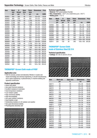 THOMAPLAST®
I - 2015  91
Separation Technology - Screen Cloths, Filter Cloths, Fleeces and Mats	 Filtration
Item Mesh
size
Ø
thread
Open
area
Thick-
ness
Dimensions Price
​ µm µm % µm cm EURO
302921 450 200 48 370 25 x 25 55.00
302922 400 230 40 425 25 x 25 55.00
302923 3,500 1,500 49 2,760 50 x 50 155.00
302924 2,200 900 50 1,656 50 x 50 160.00
302925 2,000 600 59 1,000 50 x 50 125.00
302926 1,200 380 58 700 50 x 50 125.00
302927 950 300 61 550 50 x 50 125.00
302928 700 380 42 700 50 x 50 125.00
302929 600 380 37 780 50 x 50 125.00
302930 600 300 44 550 50 x 50 125.00
302931 500 230 47 425 50 x 50 125.00
302932 450 200 48 370 50 x 50 125.00
302933 400 230 40 425 50 x 50 125.00
302934 3,500 1,500 49 2,760 100 x 100 335.00
302935 2,200 900 50 1,656 100 x 100 390.00
302936 2,000 600 59 1,000 100 x 100 285.00
302937 1,200 380 58 700 100 x 100 285.00
302938 950 300 61 550 100 x 100 285.00
302939 700 380 42 700 100 x 100 285.00
302940 600 380 37 780 100 x 100 285.00
302941 600 300 44 550 100 x 100 285.00
302942 500 230 47 425 100 x 100 285.00
302943 450 200 48 370 100 x 100 285.00
302944 400 230 40 425 100 x 100 285.00
THOMAPOR®
-Screen Cloth made of PVDF
Application area
•	Cloth for process, product and laboratory filtration in nuclear and
reactor technology and chemical engineering, in aircraft manufacturing
and in space engineering, in petrochemistry, in machine building and
apparatus construction.
Product specification
•	Heavy duty plastic
•	Very good chemical resistance
•	Excellent resistance to hydrolysis
•	Good temperature resistance
•	Low moisture uptake
•	High mechanical stability
•	High thermostability
•	Very good radiation resistance
•	Good stability to light
•	Outstanding resistance to UV-radiation and weather
•	Very good dimensional stability
•	Physiologically absolutely safe​​
Technical specification
•	Material: PVDF (polyvinylidene fluoride)
•	Max. temperature: +120 °C, for a short time up to +140 °C
•	Melting point: +175 °C
Item Mesh
size
Ø
thread
Open
area
Thick-
ness
Dimensions Price
​ µm µm % µm cm EURO
302903 800 250 58 460 25 x 25 65.00
302904 500 250 44 490 25 x 25 75.00
302905 250 150 39 340 25 x 25 60.00
302906 800 250 58 460 50 x 50 150.00
302907 500 250 44 490 50 x 50 175.00
302908 250 150 39 340 50 x 50 145.00
302909 800 250 58 460 100 x 100 350.00
302910 500 250 44 490 100 x 100 410.00
302911 250 150 39 340 100 x 100 345.00
THOMAPOR®
-Screen Cloth
made of Stainless Steel SS 314
Technical specification
•	Cuttings: 30 x 60 cm and 20 x 29 cm​​
Item Mesh size Open area Dimensions Price
​ µm % cm EURO
948711 25 28 20 x 29 156.00
948721 36 32 20 x 29 105.00
948731 50 39 20 x 29 87.00
948741 71 41 20 x 29 80.00
948751 100 44 20 x 29 75.00
948761 140 48 20 x 29 72.00
948771 250 51 20 x 29 69.00
948781 500 61 20 x 29 64.00
948791 1,000 67 20 x 29 64.00
948801 1,500 72 20 x 29 85.00
948811 2,000 74 20 x 29 77.00
948712 25 28 30 x 60 315.00
948722 36 32 30 x 60 233.00
948732 50 39 30 x 60 165.00
948742 71 41 30 x 60 145.00
948752 100 44 30 x 60 130.00
948762 140 48 30 x 60 126.00
948772 250 51 30 x 60 103.00
948782 500 61 30 x 60 105.00
948792 1,000 67 30 x 60 105.00
948802 1,500 72 30 x 60 118.00
948812 2,000 74 30 x 60 110.00
 