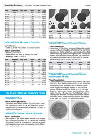 THOMAPLAST®
I - 2015  93
Separation Technology - Frits, Eluent Filters and Immersion Filters	 Filtration
Item Thickness Filter class Width Unit Price
​ mm ​ mm m EURO
301150 10 G2 2,000 1 90.00
301151 10 G2 2,000 3 202.00
301152 10 G2 2,000 5 246.00
301153 20 G3 2,000 1 108.00
301154 20 G3 2,000 3 254.00
301155 20 G3 2,000 5 307.00
301156 25 G4 2,000 1 192.00
301157 25 G4 2,000 3 430.00
301158 25 G4 2,000 5 476.00
301159 16 F5 2,000 1 190.00
301160 16 F5 2,000 3 374.00
301161 16 F5 2,000 5 417.00
THOMAPOR®
-Filter Mat made of Glass Fibre
Application area
•	Suitable for all kinds of air condition and ventilation systems
Product specification
•	Material: borosilicate fibre
•	Colour: Room air side: white; air streaming side: yellow
•	Temperature range: -15 to +45 °C​​​
Item Thickness Filter class Width Unit Price
​ mm ​ mm m EURO
301139 25 G3 500 5 105.00
301140 25 G3 500 10 167.00
301141 25 G3 1,500 1 105.00
301142 25 G3 1,500 5 261.00
301143 25 G3 1,500 10 412.00
301144 50 G3 500 1 64.00
301145 50 G3 500 5 136.00
301146 50 G3 500 10 223.00
301147 50 G3 1,500 1 151.00
301148 50 G3 1,500 5 381.00
301149 50 G3 1,500 10 601.00
Frits, Eluent Filters and Immersion Filters
THOMACHROM®
-Frits
General product specification
•	Frits made of plastic, titanium, Hastelloy and proven material compo-
sites, high-pressure resistant, for 1/4“ HPLC columns and other HPLC
system elements, for prefiltration of eluents, particularly for use in the
metal-free chromatography.​
THOMACHROM®
-Column Frit made of Hastelloy
Product specification
•	Homogeneous 1/4“ frits made of sintered chromium-nickel-molybde-
num-tungsten-steel (Hastelloy C 276), the corrosion-proof material for
chemical plant building. For chromatography of sensitive, particularly
bioactive substances and for ion chromatography. Pore size 0.5 and  
2 µm resp., thickness 1 mm.​​
Item Outside Ø Pore size Unit Price
​ mm µm piece EURO
83412 6.4 0.5 3 45.00
83413 6.4 2 3 48.00
THOMACHROM®
-Column Frit made of Titanium
Product specification
•	Homogeneous 1/4“ frits made of sintered purest titanium, the absolutely
corrosion-proof and biocompatible metallic material of highest mechani-
cal and chemical stability. Suitable for all organic eluents, buffer and salt
solutions, also strongly chlorine-containing ones, as well as strongly acid
and basic eluents. For chromatography of sensitive high-molecular and
bioactive substances in metal-free apparatuses and for ion chromato-
graphy. Pore sizes 0.5 and 2 µm resp., thickness 1 mm.​​​
Item Outside Ø Pore size Unit Price
​ mm µm piece EURO
83414 6.4 0.5 3 45.00
83415 6.4 2 3 51.00
THOMACHROM®
-Column Frit made of Titanium
framed with PCTFE Ring
Product specification
•	Composite frits made of sintered purest titanium, framed with a sturdy
ring made of PCTFE (polychlorotrifluoroethylene) for seal.The material
combination titanium-K is chemically inert and absolutely biocom-
patible. Improved chromatography behaviour by more favourable
matching of frit lumen and effective diameter of the frit body, lower
dead volume and removal of resolution-decreasing diffusion and ca-
vitation phenomena in the edge zone of the frit. Particularly suited for
chromatography of sensitive, bioactive substances such as enzymes,
peptides etc. in metal-free equipment.Also usable as filter cartridges
for inlet valves in HPLC pumps such as Altex/Beckmann etc.​​
 