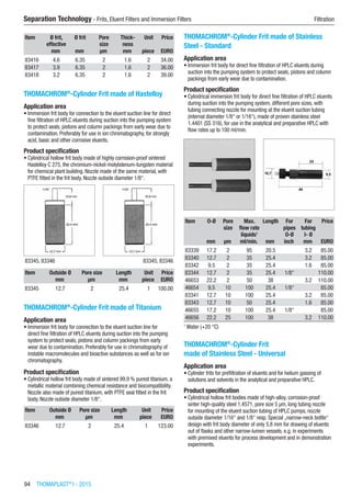 94  THOMAPLAST®
I - 2015
Separation Technology - Frits, Eluent Filters and Immersion Filters	 Filtration
Item Ø frit,
effective
Ø frit Pore
size
Thick-
ness
Unit Price
​ mm mm µm mm piece EURO
83416 ​4.6 6.35 2 1.6 2 34.00
83417 ​3.9 6.35 2 1.6 2 36.00
83418 ​3.2 6.35 2 1.6 2 39.00
THOMACHROM®
-Cylinder Frit made of Hastelloy
Application area
•	Immersion frit body for connection to the eluent suction line for direct
fine filtration of HPLC eluents during suction into the pumping system
to protect seals, pistons and column packings from early wear due to
contamination. Preferably for use in ion chromatography, for strongly
acid, basic and other corrosive eluents.
Product specification
•	Cylindrical hollow frit body made of highly corrosion-proof sintered
Hastelloy C 275, the chromium-nickel-molybdenum-tungsten material
for chemical plant building. Nozzle made of the same material, with
PTFE fitted in the frit body. Nozzle outside diameter 1/8“.​​
83345, 83346 83345, 83346
Item Outside Ø Pore size Length Unit Price
​ mm µm mm piece EURO
83345 12.7 2 25.4 1 100.00
THOMACHROM®
-Cylinder Frit made of Titanium
Application area
•	Immersion frit body for connection to the eluent suction line for
direct fine filtration of HPLC eluents during suction into the pumping
system to protect seals, pistons and column packings from early
wear due to contamination. Preferably for use in chromatography of
instable macromolecules and bioactive substances as well as for ion
chromatography.
Product specification
•	Cylindrical hollow frit body made of sintered 99.9 % purest titanium, a
metallic material combining chemical resistance and biocompatibility.
Nozzle also made of purest titanium, with PTFE seal fitted in the frit
body. Nozzle outside diameter 1/8“.​​
Item Outside Ø Pore size Length Unit Price
​ mm µm mm piece EURO
83346 12.7 2 25.4 1 123.00
THOMACHROM®
-Cylinder Frit made of Stainless
Steel - Standard
Application area
•	Immersion frit body for direct fine filtration of HPLC eluents during
suction into the pumping system to protect seals, pistons and column
packings from early wear due to contamination.
Product specification
•	Cylindrical immersion frit body for direct fine filtration of HPLC eluents
during suction into the pumping system, different pore sizes, with
tubing connecting nozzle for mounting at the eluent suction tubing
(internal diameter 1/8“ or 1/16“), made of proven stainless steel
1.4401 (SS 316), for use in the analytical and preparative HPLC with
flow rates up to 100 ml/min.​​
Item O-Ø Pore
size
Max.
flow rate
liquids1
Length For
pipes
O-Ø
For
tubing
I- Ø
Price
​ mm µm ml/min. mm inch mm EURO
83339 17.2 2 95 20.5 ​ 3.2 85.00
83340 12.7 2 35 25.4 ​ 3.2 85.00
83342 9.5 2 35 25.4 ​ 1.6 85.00
83344 12.7 2 35 25.4 1/8“ ​ 110.00
46653 22.2 2 50 38 ​ 3.2 110.00
46654 9.5 10 100 25.4 1/8“ ​ 85.00
83341 12.7 10 100 25.4 ​ 3.2 85.00
83343 12.7 10 50 25.4 ​ 1.6 85.00
46655 17.2 10 100 25.4 1/8“ ​ 85.00
46656 22.2 25 100 38 ​ 3.2 110.00
1
Water (+20 °C)
THOMACHROM®
-Cylinder Frit
made of Stainless Steel - Universal
Application area
•	Cylinder frits for prefiltration of eluents and for helium gassing of
solutions and solvents in the analytical and preparative HPLC.
Product specification
•	Cylindrical hollow frit bodies made of high-alloy, corrosion-proof
sinter high-quality steel 1.4571, pore size 5 µm, long tubing nozzle
for mounting of the eluent suction tubing of HPLC pumps, nozzle
outside diameter 1/16“ and 1/8“ resp. Special „narrow-neck bottle“
design with frit body diameter of only 5.8 mm for drawing of eluents
out of flasks and other narrow-lumen vessels, e.g. in experiments
with premixed eluents for process development and in demonstration
experiments.​​
 