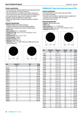 98  THOMAPLAST®
II - 2015
Semi-Finished Products	 Cords (0.8 - 30 mm)
Product specification
•	Extremely elastic thermoplastic elastomer for pharmaceutical enginee-
ring, food technology, and medical engineering
•	Very high resistance to many alkalis, acids, oxidants, and polar sol-
vents, except to mineral oils, fuels, hydraulic fluids, and hydrocarbons.
•	Very good resistance to aging, ozone, UV-radiation and weather
•	Suitable for joining with adhesives and heat-sealing
•	Mechanically highly loadable, dimensionally stable and resistant to
bending.
Technical specification
•	Material: EPDM/PP (thermoplastic elastomer);
compound of EPDM and PP, as well as stabilizing additives;  
EPDM (ethylene-propylene-diene rubber); PP (polypropylene)
•	Colour: beige
•	Shore hardness A: 64° ±5° (DIN 53503)
•	Temperature range: -45 to +135 °C, for a short time +150 °C
•	Density: 0.97 g/cm3
•	Compression set: 24 % at +23 °C / 22 h
•	Tearing strength: 70 kg/cm2
•	Elongation at break: 375 %
•	Tolerance: DIN ISO 3302-1 E2
•	Regulations: FDA § 177.2600; conforming to LMBG (German Food
and Commodities Act)​​
Item Outside Ø Unit Price
​ mm m EURO
302607 2 5 70.00
302608 2 15 180.00
302609 3 5 78.00
302610 3 15 198.00
302611 4 5 88.00
302612 4 15 226.00
302613 5 5 102.00
302614 5 15 264.00
302615 6 5 124.00
302616 6 15 318.00
302617 7 5 154.00
302618 7 15 396.00
302619 8 5 168.00
302620 8 15 432.00
302621 9 5 196.00
302622 9 15 494.00
302623 10 5 228.00
302624 10 15 576.00
302625 12 5 252.00
302626 12 15 602.00
THOMAPLAST®
-High-Tech Round Cord made of FPM
Product specification
•	Very good resistance to ozone, oxygen, aging, and weather
•	Very good heat resistance
•	Very good chemical resistance, especially to mineral, vegetable, and
animal oils, fuels, many alkalis, acids, and solvents
•	Not resistant to polar solvents
Technical specification
•	Material: FPM (fluorinated rubber)
•	Colour: black
•	Shore hardness A: 75° ± 5° (DIN 53505)
•	Temperature range: -20 to +200 °C, for a short time +220 °C
•	Tolerance: DIN ISO 3302-1 E2​​
Item Outside Ø Tolerance Weight Unit Price
​ mm mm g/m m EURO
13487 2 +0.3 / -0.1 6 1 39.00
13488 2 +0.3 / -0.1 6 3 105.00
13489 2.5 +0.3 / -0.2 10 1 46.00
13490 2.5 +0.3 / -0.2 10 3 126.00
13491 3 +0.3 / -0.2 13 1 49.00
13492 3 +0.3 / -0.2 13 3 136.00
13493 3.5 +0.3 / -0.2 18 1 54.00
13494 3.5 +0.3 / -0.2 18 3 151.00
13495 4 +0.4 / -0.2 23 1 57.00
13496 4 +0.4 / -0.2 23 3 156.00
13497 4.5 +0.4 / -0.2 30 1 64.00
13498 4.5 +0.4 / -0.2 30 3 172.00
13499 5 +0.4 / -0.3 36 1 69.00
13500 5 +0.4 / -0.3 36 3 192.00
13501 5.3 +0.4 / -0.3 41 1 77.00
13502 5.3 +0.4 / -0.3 41 3 218.00
13503 5.7 +0.4 / -0.3 47 1 80.00
13504 5.7 +0.4 / -0.3 47 3 215.00
13505 6 +0.4 / -0.3 52 1 87.00
13506 6 +0.4 / -0.3 52 3 241.00
13507 6.5 +0.4 / -0.3 61 1 92.00
13508 6.5 +0.4 / -0.3 61 3 254.00
13509 7 +0.5 / -0.3 70 1 100.00
13510 7 +0.5 / -0.3 70 3 271.00
13511 8 +0.5 / -0.3 92 1 105.00
13512 8 +0.5 / -0.3 92 3 289.00
13513 8.4 +0.5 / -0.3 102 1 113.00
13514 8.4 +0.5 / -0.3 102 3 300.00
13515 9 +0.5 / -0.3 117 1 116.00
13516 9 +0.5 / -0.3 117 3 302.00
13517 10 +0.5 / -0.35 145 1 118.00
13518 10 +0.5 / -0.35 145 3 310.00
 