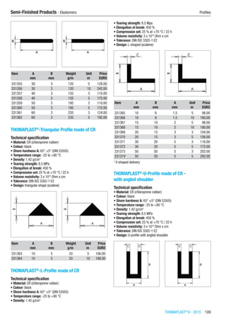 THOMAPLAST®
II - 2015  109
Semi-Finished Products - Elastomers	 Profiles
Item A B Weight Unit Price
​ mm mm g/m m EURO
331355 30 3 120 5 128.00
331356 30 3 120 10 242.00
331357 40 3 155 3 110.00
331358 40 3 155 5 172.00
331359 50 3 195 3 110.00
331360 50 3 195 5 172.00
331361 60 3 235 3 124.00
331362 60 3 235 5 192.00
THOMAPLAST®
-Triangular Profile made of CR
Technical specification
•	Material: CR (chloroprene rubber)
•	Colour: black
•	Shore hardness A: 65° ±5° (DIN 53505)
•	Temperature range: -25 to +90 °C
•	Density: 1.42 g/cm3
•	Tearing strength: 8.5 MPa
•	Elongation at break: 450 %
•	Compression set: 25 % at +70 °C / 22 h
•	Volume resistivity: 3 x 1010
Ohm x cm
•	Tolerance: DIN ISO 3302-1 E2
•	Design: triangular shape (scalene)​​
Item A B Weight Unit Price
​ mm mm g/m m EURO
331363 10 5 33 5 106.00
331364 10 5 33 10 188.00
THOMAPLAST®
-L-Profile made of CR
Technical specification
•	Material: CR (chloroprene rubber)
•	Colour: black
•	Shore hardness A: 65° ±5° (DIN 53505)
•	Temperature range: -25 to +90 °C
•	Density: 1.42 g/cm3
•	Tearing strength: 8.5 Mpa
•	Elongation at break: 450 %
•	Compression set: 25 % at +70 °C / 22 h
•	Volume resistivity: 3 x 1010
Ohm x cm
•	Tolerance: DIN ISO 3302-1 E2
•	Design: L-shaped (scalene)​​
Item A B A Unit Price
​ mm mm mm m EURO
331365 10 6 1.5 5 98.00
331366 10 6 1.5 10 180.00
331367 15 10 2 5 98.00
331368 15 10 2 10 180.00
331369 20 15 3 3 104.00
331370 20 15 3 5 156.00
331371 30 20 5 3 116.00
331372 30 20 5 5 172.00
331373 50 50 5 3 202.00
3313741
50 50 5 5 292.00
1
V-shaped delivery
THOMAPLAST®
-U-Profile made of CR -
with angled shoulder
Technical specification
•	Material: CR (chloroprene rubber)
•	Colour: black
•	Shore hardness A: 65° ±5° (DIN 53505)
•	Temperature range: -25 to +90 °C
•	Density: 1.42 g/cm3
•	Tearing strength: 8.5 MPa
•	Elongation at break: 450 %
•	Compression set: 25 % at +70 °C / 22 h
•	Volume resistivity: 3 x 1010
Ohm x cm
•	Tolerance: DIN ISO 3302-1 E2
•	Design: U-profile with angled shoulder​​
 