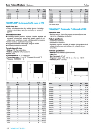 112  THOMAPLAST®
II - 2015
Semi-Finished Products - Elastomers	 Profiles
Item A B Unit Price
​ mm mm m EURO
340938 25 25 10 408.00
340939 30 30 5 462.00
340940 30 30 10 616.00
THOMAPLAST®
-Rectangular Profile made of FPM
Application area
•	Sealing technology, chemical plant building, laboratory technology,
machine engineering and apparatus construction, for gas and oil
pipelines
Product specification
•	Outstanding chemical resistance, especially to mineral, vegetable, and
animal oils, hydraulic fluids, amines, fuels, oxidants, many acids and
alkalis, as well as aliphatic, aromatic and halogenated hydrocarbons.
•	Limited resistance to polar solvents (swelling)
•	Very good resistance to ozone, oxygen, aging and weather
•	Outstanding temperature resistance
Technical specification
•	Material: FPM (fluorinated rubber)
•	Material quality: 100 % fluoroelastomer
•	Colour: black
•	Shore hardness A: 75° ±5° (DIN 53505)
•	Temperature range: -25 to +250 °C, for a short time +300 °C
•	Tolerance: DIN ISO 3302-1 E2​​
Item A B Unit Price
​ mm mm m EURO
13626 3 3 1 115.00
136271
3 3 3 315.00
136281
3 3 5 490.00
19289 5 5 1 39.00
19290 5 5 3 98.00
19291 5 5 5 133.00
19292 6 6 1 41.00
19293 6 6 3 123.00
19294 6 6 5 164.00
19295 8 8 1 87.00
19296 8 8 3 218.00
19297 8 8 5 292.00
19298 10 10 1 126.00
19299 10 10 3 315.00
19300 10 10 5 422.00
19301 12 12 1 182.00
19302 12 12 3 450.00
19303 12 12 5 601.00
19304 14 14 1 223.00
Item A B Unit Price
​ mm mm m EURO
19305 14 14 3 550.00
19306 14 14 5 714.00
19307 16 16 1 294.00
19308 16 16 3 724.00
19309 16 16 5 939.00
1
one meter pieces
THOMAPLAST®
-Rectangular Profile made of NBR
Application area
•	Sealing technology, chemical technology, petrochemistry, machine
engineering and apparatus construction
Product specification
•	Good abrasion resistance
•	Optimal thermal resistance
•	Resistant to mineral oil, vegetable oils, greases, fuels, alcohols, glycols
and aliphatic solvents, as well as dilute acids and alkalis at room
temperature.
Technical specification
•	Material: NBR (butadiene-acrylonitrile rubber)
•	Colour: black
•	Shore hardness A: 65° ±5°
•	Temperature range: -10 to +100 °C, for a short time +120 °C
•	Tolerance: DIN ISO 3302-1 E2​​
Item A B Unit Price
​ mm mm m EURO
340690 5 5 5 36.00
340691 5 5 10 64.00
340692 8 8 5 68.00
340693 8 8 10 102.00
340694 10 5 5 58.00
340695 10 5 10 96.00
340696 10 10 5 84.00
340697 10 10 10 132.00
340698 20 5 5 86.00
340699 20 5 10 138.00
340700 20 10 5 158.00
340701 20 10 10 264.00
340702 20 20 5 302.00
340703 20 20 10 452.00
 