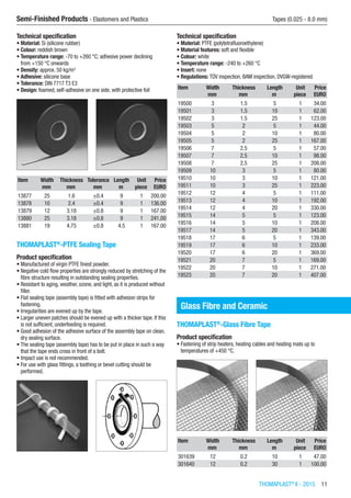 THOMAPLAST®
II - 2015  11
Semi-Finished Products - Elastomers and Plastics	 Tapes (0.025 - 8.0 mm)
Technical specification
•	Material: Si (silicone rubber)
•	Colour: reddish brown
•	Temperature range: -70 to +260 °C; adhesive power declining
from +150 °C onwards
•	Density: approx. 50 kg/m3
•	Adhesive: silicone base
•	Tolerance: DIN 7717 T3 E3
•	Design: foamed, self-adhesive on one side, with protective foil​​
Item Width Thickness Tolerance Length Unit Price
​ mm mm mm m piece EURO
13877 25 1.6 ±0.4 9 1 200.00
13878 10 2.4 ±0.4 9 1 136.00
13879 12 3.18 ±0.8 9 1 167.00
13880 25 3.18 ±0.8 9 1 241.00
13881 19 4.75 ±0.8 4.5 1 167.00
THOMAPLAST®
-PTFE Sealing Tape
Product specification
•	Manufactured of virgin PTFE finest powder.
•	Negative cold flow properties are strongly reduced by stretching of the
fibre structure resulting in outstanding sealing properties.
•	Resistant to aging, weather, ozone, and light, as it is produced without
filler.
•	Flat sealing tape (assembly tape) is fitted with adhesion strips for
fastening.
•	Irregularities are evened up by the tape.
•	Larger uneven patches should be evened up with a thicker tape. If this
is not sufficient, underfeeding is required.
•	Good adhesion of the adhesive surface of the assembly tape on clean,
dry sealing surface.
•	The sealing tape (assembly tape) has to be put in place in such a way
that the tape ends cross in front of a bolt.
•	Impact use is not recommended.
•	For use with glass fittings, a toothing or bevel cutting should be
performed.​​
Technical specification
•	Material: PTFE (polytetrafluoroethylene)
•	Material features: soft and flexible
•	Colour: white
•	Temperature range: -240 to +260 °C
•	Insert: none
•	Regulations: TÜV inspection, BAM inspection, DVGW-registered
Item Width Thickness Length Unit Price
​ mm mm m piece EURO
19500 3 1.5 5 1 34.00
19501 3 1.5 10 1 62.00
19502 3 1.5 25 1 123.00
19503 5 2 5 1 44.00
19504 5 2 10 1 80.00
19505 5 2 25 1 167.00
19506 7 2.5 5 1 57.00
19507 7 2.5 10 1 98.00
19508 7 2.5 25 1 208.00
19509 10 3 5 1 80.00
19510 10 3 10 1 121.00
19511 10 3 25 1 223.00
19512 12 4 5 1 111.00
19513 12 4 10 1 192.00
19514 12 4 20 1 330.00
19515 14 5 5 1 123.00
19516 14 5 10 1 208.00
19517 14 5 20 1 343.00
19518 17 6 5 1 139.00
19519 17 6 10 1 233.00
19520 17 6 20 1 369.00
19521 20 7 5 1 169.00
19522 20 7 10 1 271.00
19523 20 7 20 1 407.00
Glass Fibre and Ceramic
THOMAPLAST®
-Glass Fibre Tape
Product specification
•	Fastening of strip heaters, heating cables and heating mats up to
temperatures of +450 °C.​​
Item Width Thickness Length Unit Price
​ mm mm m piece EURO
301639 12 0.2 10 1 47.00
301640 12 0.2 30 1 100.00
 