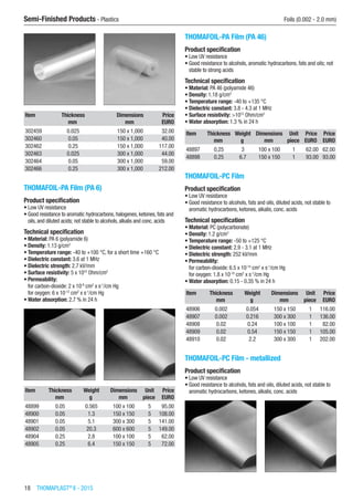 18  THOMAPLAST®
II - 2015
Semi-Finished Products - Plastics	 Foils (0.002 - 2.0 mm)
Item Thickness Dimensions Price
​ mm mm EURO
302459 0.025 150 x 1,000 32.00
302460 0.05 150 x 1,000 40.00
302462 0.25 150 x 1,000 117.00
302463 0.025 300 x 1,000 44.00
302464 0.05 300 x 1,000 59.00
302466 0.25 300 x 1,000 212.00
THOMAFOIL-PA Film (PA 6)
Product specification
•	Low UV resistance
•	Good resistance to aromatic hydrocarbons, halogenes, ketones, fats and
oils, and diluted acids; not stable to alcohols, alkalis and conc. acids
Technical specification
•	Material: PA 6 (polyamide 6)
•	Density: 1.13 g/cm3
•	Temperature range: -40 to +100 °C, for a short time +160 °C
•	Dielectric constant: 3.6 at 1 MHz
•	Dielectric strength: 2.7 kV/mm
•	Surface resistivity: 5 x 1010
Ohm/cm2
•	Permeability:
for carbon-dioxide: 2 x 10-9
cm2
x s-1
/cm Hg
for oxygen: 6 x 10-12
cm2
x s-1
/cm Hg
•	Water absorption: 2.7 % in 24 h​​
Item Thickness Weight Dimensions Unit Price
​ mm g mm piece EURO
48899 0.05 0.565 100 x 100 5 95.00
48900 0.05 1.3 150 x 150 5 108.00
48901 0.05 5.1 300 x 300 5 141.00
48902 0.05 20.3 600 x 600 5 149.00
48904 0.25 2.8 100 x 100 5 62.00
48905 0.25 6.4 150 x 150 5 72.00
THOMAFOIL-PA Film (PA 46)
Product specification
•	Low UV resistance
•	Good resistance to alcohols, aromatic hydrocarbons, fats and oils; not
stable to strong acids
Technical specification
•	Material: PA 46 (polyamide 46)
•	Density: 1.18 g/cm3
•	Temperature range: -40 to +135 °C
•	Dielectric constant: 3.8 - 4.3 at 1 MHz
•	Surface resistivity: >1012
Ohm/cm2
•	Water absorption: 1.3 % in 24 h​​​
Item Thickness Weight Dimensions Unit Price Price
​ mm g mm piece EURO EURO
48897 0.25 3 100 x 100 1 62.00 62.00
48898 0.25 6.7 150 x 150 1 93.00 93.00
THOMAFOIL-PC Film
Product specification
•	Low UV resistance
•	Good resistance to alcohols, fats and oils, diluted acids, not stable to
aromatic hydrocarbons, ketones, alkalis, conc. acids
Technical specification
•	Material: PC (polycarbonate)
•	Density: 1.2 g/cm3
•	Temperature range: -50 to +125 °C
•	Dielectric constant: 2.9 - 3.1 at 1 MHz
•	Dielectric strength: 252 kV/mm
•	Permeability:
for carbon-dioxide: 6.5 x 10-10
cm2
x s-1
/cm Hg
for oxygen: 1.8 x 10-10
cm2
x s-1
/cm Hg
•	Water absorption: 0.15 - 0.35 % in 24 h​​​
Item Thickness Weight Dimensions Unit Price
​ mm g mm piece EURO
48906 0.002 0.054 150 x 150 1 116.00
48907 0.002 0.216 300 x 300 1 136.00
48908 0.02 0.24 100 x 100 1 82.00
48909 0.02 0.54 150 x 150 1 105.00
48910 0.02 2.2 300 x 300 1 202.00
THOMAFOIL-PC Film - metallized
Product specification
•	Low UV resistance
•	Good resistance to alcohols, fats and oils, diluted acids, not stable to
aromatic hydrocarbons, ketones, alkalis, conc. acids​​
 