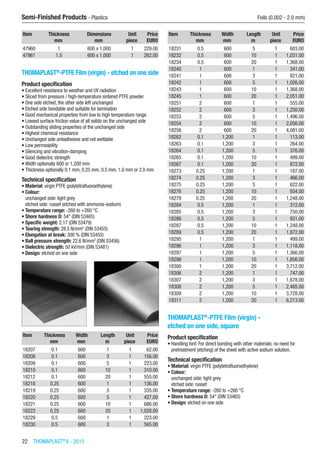 22  THOMAPLAST®
II - 2015
Semi-Finished Products - Plastics	 Foils (0.002 - 2.0 mm)
Item Thickness Dimensions Unit Price
​ mm mm piece EURO
47960 1 600 x 1,000 1 229.00
47961 1.5 600 x 1,000 1 262.00
THOMAPLAST®
-PTFE Film (virgin) - etched on one side
Product specification
•	Excellent resistance to weather and UV radiation
•	Sliced from pressure / high-temperature sintered PTFE powder
•	One side etched, the other side left unchanged
•	Etched side bondable and suitable for lamination
•	Good mechanical properties from low to high temperature range
•	Lowest surface friction value of all solids on the unchanged side
•	Outstanding sliding properties of the unchanged side
•	Highest chemical resistance
•	Unchanged side antiadhesive and not wettable
•	Low permeability
•	Silencing and vibration-damping
•	Good dielectric strength
•	Width optionally 600 or 1,200 mm
•	Thickness optionally 0.1 mm, 0.25 mm, 0.5 mm, 1.0 mm or 2.0 mm
Technical specification
•	Material: virgin PTFE (polytetrafluoroethylene)
•	Colour:
unchanged side: light grey
etched side: russet (etched with ammonia-sodium)
•	Temperature range: -260 to +260 °C
•	Shore hardness D: 54° (DIN 53465)
•	Specific weight: 2.17 (DIN 53479)
•	Tearing strength: 28.5 N/mm2
(DIN 53455)
•	Elongation at break: 300 % (DIN 53455)
•	Ball pressure strength: 22.6 N/mm2
(DIN 53456)
•	Dielectric strength: 50 kV/mm (DIN 53481)
•	Design: etched on one side​​
Item Thickness Width Length Unit Price
​ mm mm m piece EURO
18207 0.1 600 1 1 62.00
18208 0.1 600 3 1 156.00
18209 0.1 600 5 1 223.00
18210 0.1 600 10 1 310.00
18212 0.1 600 20 1 555.00
18218 0.25 600 1 1 136.00
18219 0.25 600 3 1 335.00
18220 0.25 600 5 1 427.00
18221 0.25 600 10 1 686.00
18223 0.25 600 20 1 1,028.00
18229 0.5 600 1 1 223.00
18230 0.5 600 3 1 565.00
Item Thickness Width Length Unit Price
​ mm mm m piece EURO
18231 0.5 600 5 1 683.00
18232 0.5 600 10 1 1,031.00
18234 0.5 600 20 1 1,368.00
18240 1 600 1 1 341.00
18241 1 600 3 1 821.00
18242 1 600 5 1 1,026.00
18243 1 600 10 1 1,368.00
18245 1 600 20 1 2,051.00
18251 2 600 1 1 555.00
18252 2 600 3 1 1,230.00
18253 2 600 5 1 1,496.00
18254 2 600 10 1 2,056.00
18256 2 600 20 1 4,081.00
18262 0.1 1,200 1 1 113.00
18263 0.1 1,200 3 1 264.00
18264 0.1 1,200 5 1 376.00
18265 0.1 1,200 10 1 499.00
18267 0.1 1,200 20 1 872.00
18273 0.25 1,200 1 1 187.00
18274 0.25 1,200 3 1 466.00
18275 0.25 1,200 5 1 622.00
18276 0.25 1,200 10 1 934.00
18278 0.25 1,200 20 1 1,248.00
18284 0.5 1,200 1 1 312.00
18285 0.5 1,200 3 1 750.00
18286 0.5 1,200 5 1 931.00
18287 0.5 1,200 10 1 1,248.00
18289 0.5 1,200 20 1 1,872.00
18295 1 1,200 1 1 499.00
18296 1 1,200 3 1 1,118.00
18297 1 1,200 5 1 1,366.00
18298 1 1,200 10 1 1,856.00
18300 1 1,200 20 1 3,712.00
18306 2 1,200 1 1 747.00
18307 2 1,200 3 1 1,678.00
18308 2 1,200 5 1 2,485.00
18309 2 1,200 10 1 3,728.00
18311 2 1,200 20 1 6,213.00
THOMAPLAST®
-PTFE Film (virgin) -
etched on one side, square
Product specification
•	Handling hint: For direct bonding with other materials; no need for
pretreatment (etching) of the sheet with active sodium solution.
Technical specification
•	Material: virgin PTFE (polytetrafluoroethylene)
•	Colour:
unchanged side: light grey
etched side: russet
•	Temperature range: -260 to +260 °C
•	Shore hardness D: 54° (DIN 53465)
•	Design: etched on one side​​​
 
