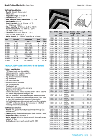 THOMAPLAST®
II - 2015  25
Semi-Finished Products - Glass Fabric	 Foils (0.002 - 2.0 mm)
Technical specification
•	Material: glass silk, silicone-coated
•	Colour: yellow
•	Temperature range: -60 to +200 °C
•	Thermal class: H (+180 °C)
•	Water absorption after 24 h water bath: 1.0 - 3.8 %
•	Specific weight: 1.3 - 1.6
•	Dielectric strength: 14 - 40 kV/mm at +20 °C
17 - 43 kV/mm at +180 °C
•	Volume resistivity: 1013
Ohm cm at +20 to +180 °C
•	Dielectric constant: 4.5 - 4.9 at 800 Hz / +20 °C
3.9 - 4.3 at 800 Hz / +180 °C
•	Loss factor: 0.013 - 0.025 at 800 Hz / +20 °C
0.010 - 0.018 at 800 Hz / +180 °C
•	Tearing strength: 40 - 120 N/cm2
(depending on thickness)
Item Thickness Dimensions Unit Price
​ mm mm piece EURO
331686 0.125 500 x 500 1 82.00
331687 0.125 500 x 1,000 1 126.00
331688 0.125 1,000 x 1,000 1 212.00
331689 0.15 500 x 500 1 110.00
331690 0.15 500 x 1,000 1 184.00
331691 0.15 1,000 x 1,000 1 292.00
331692 0.254 500 x 500 1 144.00
331693 0.254 500 x 1,000 1 242.00
331694 0.254 1,000 x 1,000 1 382.00
THOMAPLAST®
-Glass Fabric Film - PTFE-Bonded
Product specification
•	PTFE-bonded rough-cast glass silk fabric
•	Outstanding electrical insulating properties
•	Outstanding chemical resistance
•	High abrasion resistance and durability
•	High antiadhesion
•	Low friction coefficient
•	Outstanding thermal resistance
•	Low thermal expansion
•	Physiologically safe
•	Resistant to weather, UV-radiation, and aging
•	Physical-chemical features:
Combines the chemical material properties of PTFE with the extraordi-
nary strength of highly tension-proof glass cloth.
Due to its extraordinary electrical insulating and dielectric properties
together with excellent mechanical stability, the material is best suited
for heavy-duty insulations, aerial covers, and cable sheating.
Its physiological safety, antiadhesiveness, and temperature resistance
make PTFE-bonded glass cloth an ideal processing aid in the food
processing and semi-luxuries industry.
Technical specification
•	Material: PTFE (polytetrafluoroethylene) combined with rough-cast
glass silk fabric
•	Colour: light-beige to medium brown, special quality ”antistatic”, black
•	Temperature range: -150 to +260 °C
•	Special features: high tearing strength, antistatic design with surface
resistivity 106
Ohm
•	Certification: permanent quality according to ISO 9001​​
Item Width Thick-
ness
Design Tensile
strength
Tear
resist.
Length Price
​ mm mm ​ N/cm N m EURO
17996 500 0.07 smooth 180 13 1 54.00
17997 500 0.07 smooth 180 13 3 116.00
17998 500 0.07 smooth 180 13 5 159.00
17999 500 0.07 smooth 180 13 10 228.00
18001 500 0.07 smooth 180 13 20 325.00
18004 500 0.12 smooth 290 20 1 59.00
18005 500 0.12 smooth 290 20 3 141.00
18006 500 0.12 smooth 290 20 5 195.00
18007 500 0.12 smooth 290 20 10 274.00
18009 500 0.12 smooth 290 20 20 392.00
18012 500 0.14 smooth 310 20 1 70.00
18013 500 0.14 smooth 310 20 3 169.00
18014 500 0.14 smooth 310 20 5 233.00
18015 500 0.14 smooth 310 20 10 328.00
18017 500 0.14 smooth 310 20 20 468.00
18020 500 0.15 antistatic 300 15 1 105.00
18021 500 0.15 antistatic 300 15 3 233.00
18022 500 0.15 antistatic 300 15 5 305.00
18023 500 0.15 antistatic 300 15 10 435.00
18025 500 0.15 antistatic 300 15 20 696.00
18028 500 0.225 smooth 520 40 1 85.00
18029 500 0.225 smooth 520 40 3 197.00
18030 500 0.225 smooth 520 40 5 259.00
18031 500 0.225 smooth 520 40 10 399.00
18033 500 0.225 smooth 520 40 20 655.00
18036 500 0.35
tearing-
resistant
660 ​ 1 116.00
18037 500 0.35
tearing-
resistant
660 ​ 3 277.00
18038 500 0.35
tearing-
resistant
660 ​ 5 356.00
18039 500 0.35
tearing-
resistant
660 ​ 10 481.00
18041 500 0.35
tearing-
resistant
660 ​ 20 811.00
18044 1,000 0.07 smooth 180 13 1 77.00
18045 1,000 0.07 smooth 180 13 3 177.00
18046 1,000 0.07 smooth 180 13 5 236.00
18047 1,000 0.07 smooth 180 13 10 353.00
18048 1,000 0.07 smooth 180 13 20 588.00
18051 1,000 0.12 smooth 290 20 1 95.00
18052 1,000 0.12 smooth 290 20 3 215.00
18053 1,000 0.12 smooth 290 20 5 284.00
18054 1,000 0.12 smooth 290 20 10 427.00
18056 1,000 0.12 smooth 290 20 20 711.00
 