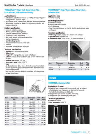 THOMAPLAST®
II - 2015  27
Semi-Finished Products - Glass Fabric	 Foils (0.002 - 2.0 mm)
THOMAPLAST®
-High-Tech Glass Fabric Film -
PTFE Bonded, self-adhesive, cutting
Application area
•	Self-adhesive, antiadhesive finish on foil welding devices, drying and
coating cylinders, and drum dryers.
•	Slip coating at chutes, funnels, guides, slide pipes at packaging machines.
•	Self-adhesive insulation foil for electrical engineering, chemical and
process engineering.
Product specification
•	Extremely antiadhesive surface
•	Minimal coefficient of sliding friction
•	Extremely high temperature resistance
•	Extraordinary chemical resistance
•	High tensile strength and dimensional stability
•	Low thermal expansion
•	Good dielectric properties
•	Transmissive for microwaves and UV-light
•	Non-toxic
•	Resistant to mildew, bacteria, and mould
Technical specification
•	Material: PTFE (polytetrafluoroethylene)
•	Colour: brown
•	Design: PTFE-impregnated glass fabric, self-adhesive
•	Adhesive: silicone adhesive, adhesive layer covered with removable
PVC-film
•	Adhesive layer: approx. 0.05 mm
•	Temperature range: -73 to +260 °C
•	Type:
AP: Standard design. Colour brown. Cloth with surface finish suitable
for most applications; good material combination of mechanical and
antiadhesive properties.
AAP: Cloth with especially high PTFE content and particularly smooth
surface. Colour brown.​​
Item Thickness Type Dimensions Unit Price
​ mm ​ mm piece EURO
301230 0.073 AP 250 x 250 1 62.00
301231 0.073 AP 250 x 500 1 93.00
301232 0.073 AP 500 x 500 1 144.00
301236 0.122 AP 250 x 250 1 70.00
301237 0.122 AP 250 x 500 1 90.00
301238 0.122 AP 500 x 500 1 154.00
301239 0.152 AAP 250 x 250 1 75.00
301240 0.152 AAP 250 x 500 1 98.00
301241 0.152 AAP 500 x 500 1 162.00
301242 0.235 AP 250 x 250 1 108.00
301243 0.235 AP 250 x 500 1 141.00
301244 0.235 AP 500 x 500 1 208.00
THOMAPLAST®
-High-Therm-Glass Fibre Fabric -
asbestos-free
Application area
•	Thermal insulating
Product specification
•	Highest heat stability
•	Very high mechanical stability
•	Non-combustible
•	Good chemical resistance, very high to oils, fats, alkalis, organic acids
and vapors
Technical specification
•	Material: glass fibre, made of EC 9 filament yarn, textured
•	Special features: asbestos-free
•	Temperature range: -10 to +450 °C, for a short time +550 °C​​
Item Thickness Dimensions Unit Price
​ mm mm piece EURO
302265 2 500 x 500 1 66.00
302266 2 1,000 x 1,000 1 143.00
Metals
THOMAFOIL-Aluminum Foil
Product specification
•	Absolutely gas- and steam-tight, physiologically safe, no restoring
effect, adapting to all shapes, e.g. for closing of test tubes etc.
•	For better heat insulation/heat distribution
•	As separation layer between insulation and heating
•	As separation layer for heating of plastic pipes
Technical specification
•	Material: aluminum
•	Max. temperature: +450 °C​​
 