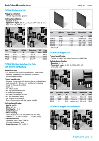 THOMAPLAST®
II - 2015  29
Semi-Finished Products - Metals	 Foils (0.002 - 2.0 mm)
THOMAFOIL-Graphite Foil
Product specification
•	Foil made of purest carbon (graphite)
Technical specification
•	C-content: 99.95 %
•	Type analysis in ppm: Al 5, Ba 1, Ca 50, Co <5, Cr <5, Cu <5, Fe 5,
Ni 50, Si <5,Ti 30,V 100, Zr <20​​
Item Thickness Weight Dimensions Unit Price
​ mm g mm piece EURO
49019 0.125 0.143 25 x 25 1 64.00
49020 0.125 0.572 50 x 50 1 105.00
49021 0.125 2.3 50 x 100 1 225.00
THOMAFOIL-High-Tech-Graphite Foil -
high-thermal conductivity
Application area
•	CPU modules, DC/DC converters, power modules, power units in
automotive applications, active components in notebooks,
telecommunication modules
Product specification
•	Anisotropic thermal conductivity:Very high thermal conductivity along
length and width (X-Y-direction), very good thermal conductivity
through the thickness (Z-direction)
•	Silicone-free
•	Very soft and flexible
•	Very high temperature resistance
•	No hardening, no outgasing
•	Guaranteed constant layer thickness
•	Very good resistance to ageing
•	Low tightening torque required
•	Clean and easy mounting with high process reliability
Technical specification
•	Material: graphite
•	Colour: dark-grey
•	Material purity: >98 %
•	Density: 1.35 g/cm3
•	Volume resistivity:
Surface: 2.0 x 10-6
(at 0.125 mm); 1.5 x 10-6
(at 0.25 mm)
Thickness: 2.0 x 10-6
(at 0.125 mm); 1.5 x 10-6
(at 0.25 mm)
•	Thermal conductivity:
X-Y-direction (surface area): 134 W/mK
Z-direction (thickness): 6 W/mK
•	Temperature range: -250 to +400 °C​​
Item Thickness Heat transfer
resistance1
Dimensions Price
​ mm ​ mm EURO
339633 0.125 0.032 500 x 1,000 146.00
339634 0.125 0.032 500 x 500 84.00
339635 0.25 0.064 500 x 1,000 165.00
339636 0.25 0.064 500 x 500 98.00
1
inch2
x °C/W
THOMAFOIL-Copper Foil
Product specification
•	Precision foil made of pure copper, tempered or medium-hard
Technical specification
•	Cu-content: 99.9 %
•	Type analysis in ppm: Ag 500, Bi <10, Pb <50, O 500,
other metals <300​​
Item Thickness Weight Design Dimensions Price
​ mm g ​ mm EURO
48455 0.125 25.2 tempered 150 x 150 52.00
48456 0.25 50.4 tempered 150 x 150 36.00
48457 0.2 40.32 medium-hard 150 x 150 52.00
THOMAFOIL-Copper Foil - calibrated​​
 