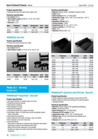 30  THOMAPLAST®
II - 2015
Semi-Finished Products - Metals	 Foils (0.002 - 2.0 mm)
Product specification
•	Calibrated precision foil made of pure copper, hard
Technical specification
•	Cu-content: 99.9 %
•	Type analysis in ppm: Ag 500, Bi <10, Pb <50, O 400,
other metals <300
•	Tolerance: ±15 %
Item Thickness Weight Dimensions Unit Price
​ mm g mm piece EURO
48451 0.007 1.411 150 x 150 1 126.00
48452 0.013 2.52 150 x 150 1 116.00
THOMAFOIL-Zinc Foil
Product specification
•	Precision foil made of purest zinc, milled
Technical specification
•	Zn-content: 99.99 %
•	Type analysis in ppm: Fe 19, Cd 19, Pb <40, Cu <50​​
Item Thickness Weight Dimensions Unit Price
​ mm g mm piece EURO
48842 0.125 20.08 150 x 150 1 126.00
Plates (0.1 - 60 mm)
Elastomers
THOMAPLAST®
-Butyl Plate - Shore 60°
Product specification
•	Very good resistance to weather, aging, and ozone
•	Outstanding damping capacity
•	High abrasion resistance
•	Good elongation at break
•	Good thermal resistance
•	Lowest permeability for air, gases, and steam
•	Gas diffusion approx. 10 times lower as with comparable natural
rubber (CR) quality
•	Good dielectrical properties
•	Good resistance to hot water, hot steam, acids, and alkalis
•	Poor resistance to fuel and mineral oils
•	Chemical features:
Butyl rubber is obtained by copolymerizing isobutylene with defined
proportions of isoprene and vulcanized with sulfur.
Mixing of IIR and other elastomers is not possible.
Resistance to aging and weather decreases with increasing isoprene
component.
Technical specification
•	Material: IIR (butyl rubber / isobutylene-isoprene rubber)
•	Colour: black
•	Shore hardness A: 60° ±5° (DIN 53505)
•	Temperature range: -40 to +100 °C, for a short time +120 °C
•	Density: 1.11 g/cm3
•	Elongation at break: 600 %
•	Tearing strength: 13 MPa
•	Compression set: 35 % at +100 °C / 22 h
•	Volume resistivity: 5 x 106
Ohm x cm
•	Insert: none
•	Tolerance: DIN ISO 3302-1 E2​​
Item Thickness Dimensions Unit Price
​ mm mm piece EURO
19524 1 700 x 700 1 58.00
19525 1.5 700 x 700 1 76.00
19526 2 700 x 700 1 83.00
19527 3 700 x 700 1 101.00
19528 4 700 x 700 1 117.00
19529 5 700 x 700 1 137.00
19530 6 700 x 700 1 155.00
19531 1 1.400 x 1.400 1 106.00
19532 1.5 1.400 x 1.400 1 133.00
19533 2 1.400 x 1.400 1 155.00
19534 3 1.400 x 1.400 1 204.00
19535 4 1.400 x 1.400 1 254.00
19536 5 1.400 x 1.400 1 275.00
19537 6 1.400 x 1.400 1 306.00
THOMAPLAST®
-Butyl Plate with PTFE Coat - Shore 60°
Product specification
•	Tightly bonded two-plate combination made of IIR and PTFE.
•	Ideally suitable for punching of sealings for the pharmaceutical
packaging industry.
Technical specification
•	Material: IIR (butyl rubber); PTFE (polytetrafluoroethylene)
•	Colour: red (IIR), grey (PTFE)
•	Shore hardness A: 60° ±5° (DIN 53505)
•	Thickness of PTFE coating: 0.2 mm
•	Temperature range: -40 to +100 °C referring to IIR
•	Diffusion rate: very low, extraordinary permeability due to
sandwich effect
•	Tolerance: IIR ±0.3 mm; PTFE ±0.01 mm​​​
Item Thickness Dimensions Unit Price
​ mm mm piece EURO
19158 1.4 600 x 500 1 187.00
19159 1.4 600 x 1,000 1 298.00
 