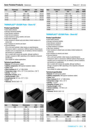 THOMAPLAST®
II - 2015  31
Semi-Finished Products - Elastomers	 Plates (0.1 - 60 mm)
Item Thickness Dimensions Unit Price
​ mm mm piece EURO
19160 1.8 600 x 500 1 209.00
19161 1.8 600 x 1,000 1 333.00
19162 3 600 x 500 1 220.00
19163 3 600 x 1,000 1 352.00
THOMAPLAST®
-CR/SBR Plate - Shore 45°
Product specification
•	Good elastic behavior
•	Average mechanical stability
•	Good abrasion resistance
•	Good thermal resistance
•	Good resistance to aging, weather, and ozone
•	High flame resistance
•	Good resistance to diluted acids and alkalis, limited resistance to
mineral oils
•	Poor resistance to solvents and steam
•	Chemical features:
CR is a all-round synthetic rubber basing on polychloroprene.
Chloroprene rubber is vulcanized in different systems influencing pa-
rameters such as compression set, oil resistance, thermal resistance,
and tendency to crystallization.
Use in contact with mineral oils possible, although swelling is
stronger compared to NBR, depending on the respective compound
specification.
Less suitable for outdoor applications.
Technical specification
•	Material: CR (chloroprene rubber)
•	Additive components: SBR (styrene-butadiene rubber)
•	Colour: black
•	Shore hardness A: 45° ±5° (DIN 53505)
•	Temperature range: -20 to +70 °C, for a short time +100 °C
•	Density: 1.25 g/cm3
•	Elongation at break: 350 %
•	Tearing strength: 6 MPa
•	Compression set: 35 % at +70 °C / 22 h
•	Insert: none
•	Tolerance: DIN ISO 3302-1 E2​​
Item Thickness Dimensions Unit Price
​ mm mm piece EURO
19584 1 700 x 700 1 61.00
19585 1.5 700 x 700 1 65.00
19586 2 700 x 700 1 71.00
19587 2.5 700 x 700 1 79.00
19588 3 700 x 700 1 81.00
19589 4 700 x 700 1 97.00
19590 5 700 x 700 1 112.00
Item Thickness Dimensions Unit Price
​ mm mm piece EURO
19591 6 700 x 700 1 122.00
19592 1 1.400 x 1.400 1 105.00
19593 1.5 1.400 x 1.400 1 120.00
19594 2 1.400 x 1.400 1 129.00
19595 2.5 1.400 x 1.400 1 144.00
19596 3 1.400 x 1.400 1 150.00
19597 4 1.400 x 1.400 1 176.00
19598 5 1.400 x 1.400 1 196.00
19599 6 1.400 x 1.400 1 228.00
THOMAPLAST®
-CR/SBR Plate - Shore 65°
Product specification
•	Good elastic behavior
•	Average mechanical stability
•	Good abrasion resistance
•	Good thermal resistance
•	Limited resistance to weather
•	High flame resistance
•	Good resistance to diluted acids and alkalis, limited resistance to
mineral oils
•	Poor resistance to solvents and steam
•	Chemical features:
CR is a all-round synthetic rubber basing on polychloroprene.
Chloroprene rubber is vulcanized in different systems influencing pa-
rameters such as compression set, oil resistance, thermal resistance,
and tendency to crystallization.
Use in contact with mineral oils possible, although swelling is
stronger compared to NBR, depending on the respective compound
specification.
Less suitable for outdoor applications.
Technical specification
•	Material: CR (chloroprene rubber)
•	Additive components: SBR (styrene-butadiene rubber)
•	Colour: black
•	Shore hardness A: 65° ±5° (DIN 53505)
•	Temperature range: -30 to +70 °C
•	Density: 1.4 g/cm3
•	Elongation at break: 200 %
•	Tearing strength: 6 MPa
•	Volume resistivity: >109
Ohm x cm
•	Insert: none
•	Tolerance: DIN ISO 3302-1 E2​​
Item Thickness Dimensions Unit Price
​ mm mm piece EURO
19614 0.5 600 x 600 1 54.00
19616 1 600 x 600 1 61.00
 