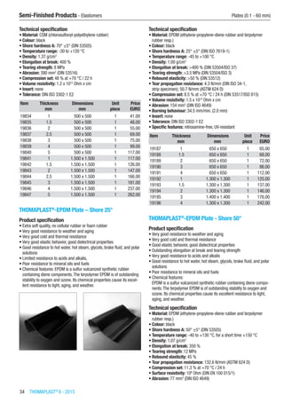 34  THOMAPLAST®
II - 2015
Semi-Finished Products - Elastomers	 Plates (0.1 - 60 mm)
Technical specification
•	Material: CSM (chlorosulfonyl-polyethylene rubber)
•	Colour: black
•	Shore hardness A: 70° ±5° (DIN 53505)
•	Temperature range: -30 to +120 °C
•	Density: 1.37 g/cm3
•	Elongation at break: 400 %
•	Tearing strength: 8 MPa
•	Abrasion: 390 mm2
(DIN 53516)
•	Compression set: 48 % at +70 °C / 22 h
•	Volume resistivity: 1.2 x 1012
Ohm x cm
•	Insert: none
•	Tolerance: DIN ISO 3302-1 E2
Item Thickness Dimensions Unit Price
​ mm mm piece EURO
19834 1 500 x 500 1 41.00
19835 1.5 500 x 500 1 48.00
19836 2 500 x 500 1 55.00
19837 2.5 500 x 500 1 69.00
19838 3 500 x 500 1 75.00
19839 4 500 x 500 1 99.00
19840 5 500 x 500 1 117.00
19841 1 1.500 x 1.500 1 117.00
19842 1.5 1.500 x 1.500 1 126.00
19843 2 1.500 x 1.500 1 147.00
19844 2.5 1.500 x 1.500 1 166.00
19845 3 1.500 x 1.500 1 181.00
19846 4 1.500 x 1.500 1 237.00
19847 5 1.500 x 1.500 1 262.00
THOMAPLAST®
-EPDM Plate – Shore 25°
Product specification
•	Extra soft quality, no cellular rubber or foam rubber
•	Very good resistance to weather and aging
•	Very good cold and thermal resistance
•	Very good elastic behavior, good dielectrical properties
•	Good resistance to hot water, hot steam, glycols, brake fluid, and polar
solutions
•	Limited resistance to acids and alkalis,
•	Poor resistance to mineral oils and fuels
•	Chemical features: EPDM is a sulfur vulcanized synthetic rubber
containing diene components.The terpolymer EPDM is of outstanding
stability to oxygen and ozone. Its chemical properties cause its excel-
lent resistance to light, aging, and weather.
Technical specification
•	Material: EPDM (ethylene-propylene-diene rubber and terpolymer
rubber resp.)
•	Colour: black
•	Shore hardness A: 25° ±5° (DIN ISO 7619-1)
•	Temperature range: -45 to +100 °C
•	Density: 1.00 g/cm3
•	Elongation at break: >400 % (DIN 53504/ISO 37)
•	Tearing strength: >3.5 MPa (DIN 53504/ISO 3)
•	Rebound elasticity: >50 % (DIN 53512)
•	Tear propagation resistance: 4.3 N/mm (DIN ISO 34-1,
strip specimen); 50.7 N/mm (ASTM 624 D)
•	Compression set: 8.5 % at +70 °C / 24 h (DIN 53517/ISO 815)
•	Volume resistivity: 1.5 x 1013
Ohm x cm
•	Abrasion: 154 mm3
(DIN ISO 4649)
•	Burning behaviour: 34.5 mm/min. (2.0 mm)
•	Insert: none
•	Tolerance: DIN ISO 3302-1 E2
•	Specific features: nitrosamine-free, UV-resistant
Item Thickness Dimensions Unit Price
​ mm mm piece EURO
19187 1 650 x 650 1 65.00
19188 1.5 650 x 650 1 68.00
19189 2 650 x 650 1 72.00
19190 3 650 x 650 1 86.00
19191 4 650 x 650 1 112.00
19192 1 1.300 x 1.300 1 125.00
19193 1.5 1.300 x 1.300 1 137.00
19194 2 1.300 x 1.300 1 146.00
19195 3 1.400 x 1.400 1 176.00
19196 4 1.300 x 1.300 1 242.00
THOMAPLAST®
-EPDM Plate - Shore 50°
Product specification
•	Very good resistance to weather and aging
•	Very good cold and thermal resistance
•	Good elastic behavior, good dielectrical properties
•	Outstanding elongation at break and tearing strength
•	Very good resistance to acids and alkalis
•	Good resistance to hot water, hot steam, glycols, brake fluid, and polar
solutions
•	Poor resistance to mineral oils and fuels
•	Chemical features:
EPDM is a sulfur vulcanized synthetic rubber containing diene compo-
nents.The terpolymer EPDM is of outstanding stability to oxygen and
ozone. Its chemical properties cause its excellent resistance to light,
aging, and weather.
Technical specification
•	Material: EPDM (ethylene-propylene-diene rubber and terpolymer
rubber resp.)
•	Colour: black
•	Shore hardness A: 50° ±5° (DIN 53505)
•	Temperature range: -40 to +130 °C, for a short time +150 °C
•	Density: 1.07 g/cm3
•	Elongation at break: 350 %
•	Tearing strength: 12 MPa
•	Rebound elasticity: 45 %
•	Tear propagation resistance: 132.6 N/mm (ASTM 624 D)
•	Compression set: 11.3 % at +70 °C / 24 h
•	Surface resistivity: 108
Ohm (DIN EN 100 015/1)
•	Abrasion: 77 mm3
(DIN ISO 4649)
 
