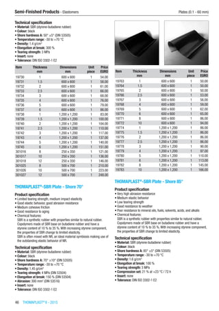 46  THOMAPLAST®
II - 2015
Semi-Finished Products - Elastomers	 Plates (0.1 - 60 mm)
Technical specification
•	Material: SBR (styrene-butadiene rubber)
•	Colour: black
•	Shore hardness A: 50° ±5° (DIN 53505)
•	Temperature range: -30 to +70 °C
•	Density: 1.4 g/cm3
•	Elongation at break: 300 %
•	Tearing strength: 3 MPa
•	Insert: none
•	Tolerance: DIN ISO 3302-1 E2
Item Thickness Dimensions Unit Price
​ mm mm piece EURO
19730 1 600 x 600 1 54.00
19731 1.5 600 x 600 1 58.00
19732 2 600 x 600 1 61.00
19733 2.5 600 x 600 1 66.00
19734 3 600 x 600 1 68.00
19735 4 600 x 600 1 76.00
19736 5 600 x 600 1 79.00
19737 6 600 x 600 1 86.00
19738 1 1,200 x 1,200 1 83.00
19739 1.5 1,200 x 1,200 1 100.00
19740 2 1,200 x 1,200 1 104.00
19741 2.5 1,200 x 1,200 1 110.00
19742 3 1,200 x 1,200 1 117.00
19743 4 1,200 x 1,200 1 137.00
19744 5 1,200 x 1,200 1 140.00
19745 6 1,200 x 1,200 1 151.00
301016 8 250 x 350 1 121.00
301017 10 250 x 350 1 136.00
301018 12 250 x 350 1 146.00
301025 8 500 x 700 1 210.00
301026 10 500 x 700 1 223.00
301027 12 500 x 700 1 248.00
THOMAPLAST®
-SBR Plate - Shore 70°
Product specification
•	Limited tearing strength, medium impact elasticity
•	Good elastic behavior, good abrasion resistance
•	Medium cohesive friction
•	Good resistance to aging
•	Chemical features:
SBR is a synthetic rubber with properties similar to natural rubber.
Copolymers made of SBR base on butadiene rubber and have a
styrene content of 10 % to 35 %.With increasing styrene component,
the properties of SBR change to limited elasticity.
SBR is often mixed with NR, an ideal material symbiosis making use of
the outstanding elastic behavior of NR.
Technical specification
•	Material: SBR (styrene-butadiene rubber)
•	Colour: black
•	Shore hardness A: 70° ±10° (DIN 53505)
•	Temperature range: -30 to +70 °C
•	Density: 1.45 g/cm3
•	Tearing strength: 4 MPa (DIN 53504)
•	Elongation at break: 150 % (DIN 53504)
•	Abrasion: 300 mm2
(DIN 53516)
•	Insert: none
•	Tolerance: DIN ISO 3302-1 E2​​
Item Thickness Dimensions Unit Price
​ mm mm piece EURO
19763 1 600 x 600 1 50.00
19764 1.5 600 x 600 1 50.00
19765 2 600 x 600 1 50.00
19766 2.5 600 x 600 1 53.00
19767 3 600 x 600 1 56.00
19768 4 600 x 600 1 59.00
19769 5 600 x 600 1 62.00
19770 6 600 x 600 1 65.00
19771 8 600 x 600 1 86.00
19772 10 600 x 600 1 94.00
19774 1 1,200 x 1,200 1 86.00
19775 1.5 1,200 x 1,200 1 86.00
19776 2 1,200 x 1,200 1 86.00
19777 2.5 1,200 x 1,200 1 86.00
19778 3 1,200 x 1,200 1 90.00
19779 4 1,200 x 1,200 1 97.00
19780 5 1,200 x 1,200 1 110.00
19781 6 1,200 x 1,200 1 113.00
19782 8 1,200 x 1,200 1 145.00
19783 10 1,200 x 1,200 1 166.00
THOMAPLAST®
-SBR Plate - Shore 85°
Product specification
•	Very high abrasion resistance
•	Medium elastic behavior
•	Low tearing strength
•	Good resistance to weather
•	Poor resistance to mineral oils, fuels, solvents, acids, and alkalis
•	Chemical features:
SBR is a synthetic rubber with properties similar to natural rubber.
Copolymers made of SBR base on butadiene rubber and have a
styrene content of 10 % to 35 %.With increasing styrene component,
the properties of SBR change to limited elasticity.
Technical specification
•	Material: SBR (styrene-butadiene rubber)
•	Colour: black
•	Shore hardness A: 85° ±5° (DIN 53505)
•	Temperature range: -30 to +70 °C
•	Density: 1.6 g/cm3
•	Elongation at break: 100 %
•	Tearing strength: 3 MPa
•	Compression set: 21 % at +23 °C / 72 h
•	Insert: none
•	Tolerance: DIN ISO 3302-1 E2​​
 