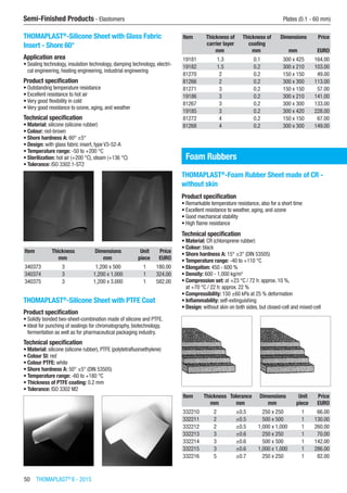 50  THOMAPLAST®
II - 2015
Semi-Finished Products - Elastomers	 Plates (0.1 - 60 mm)
THOMAPLAST®
-Silicone Sheet with Glass Fabric
Insert - Shore 60°
Application area
•	Sealing technology, insulation technology, damping technology, electri-
cal engineering, heating engineering, industrial engineering
Product specification
•	Outstanding temperature resistance
•	Excellent resistance to hot air
•	Very good flexibility in cold
•	Very good resistance to ozone, aging, and weather
Technical specification
•	Material: silicone (silicone rubber)
•	Colour: red-brown
•	Shore hardness A: 60° ±5°
•	Design: with glass fabric insert, type V3-52-A
•	Temperature range: -50 to +200 °C
•	Sterilization: hot air (+200 °C), steam (+136 °C)
•	Tolerance: ISO 3302.1-ST2​​
Item Thickness Dimensions Unit Price
​ mm mm piece EURO
340373 3 1,200 x 500 1 180.00
340374 3 1,200 x 1,000 1 324.00
340375 3 1,200 x 3.000 1 582.00
THOMAPLAST®
-Silicone Sheet with PTFE Coat
Product specification
•	Solidly bonded two-sheet-combination made of silicone and PTFE.
•	Ideal for punching of sealings for chromatography, biotechnology,
fermentation as well as for pharmaceutical packaging industry.
Technical specification
•	Material: silicone (silicone rubber), PTFE (polytetrafluoroethylene)
•	Colour SI: red
•	Colour PTFE: white
•	Shore hardness A: 50° ±5° (DIN 53505)
•	Temperature range: -60 to +180 °C
•	Thickness of PTFE coating: 0.2 mm
•	Tolerance: ISO 3302 M2​​
Item Thickness of
carrier layer
Thickness of
coating
Dimensions Price
​ mm mm mm EURO
19181 1.3 0.1 300 x 425 164.00
19182 1.5 0.2 300 x 210 103.00
81270 2 0.2 150 x 150 49.00
81266 2 0.2 300 x 300 113.00
81271 3 0.2 150 x 150 57.00
19186 3 0.2 300 x 210 141.00
81267 3 0.2 300 x 300 133.00
19185 3 0.2 300 x 420 228.00
81272 4 0.2 150 x 150 67.00
81268 4 0.2 300 x 300 149.00
Foam Rubbers
THOMAPLAST®
-Foam Rubber Sheet made of CR -
without skin
Product specification
•	Remarkable temperature resistance, also for a short time
•	Excellent resistance to weather, aging, and ozone
•	Good mechanical stability
•	High flame resistance
Technical specification
•	Material: CR (chloroprene rubber)
•	Colour: black
•	Shore hardness A: 15° ±3° (DIN 53505)
•	Temperature range: -40 to +110 °C
•	Elongation: 450 - 600 %
•	Density: 600 - 1,000 kg/m3
•	Compression set: at +23 °C / 72 h: approx. 10 %,
at +70 °C / 22 h: approx. 22 %
•	Compressibility: 150 ±60 kPa at 25 % deformation
•	Inflammability: self-extinguishing
•	Design: without skin on both sides, but closed-cell and mixed-cell​​
Item Thickness Tolerance Dimensions Unit Price
​ mm mm mm piece EURO
332210 2 ±0.5 250 x 250 1 66.00
332211 2 ±0.5 500 x 500 1 130.00
332212 2 ±0.5 1,000 x 1,000 1 260.00
332213 3 ±0.6 250 x 250 1 70.00
332214 3 ±0.6 500 x 500 1 142.00
332215 3 ±0.6 1,000 x 1,000 1 286.00
332216 5 ±0.7 250 x 250 1 82.00
 
