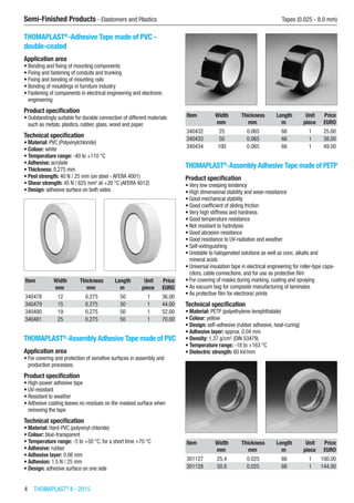 4  THOMAPLAST®
II - 2015
Semi-Finished Products - Elastomers and Plastics	 Tapes (0.025 - 8.0 mm)
THOMAPLAST®
-Adhesive Tape made of PVC -
double-coated
Application area
•	Bonding and fixing of mounting components
•	Fixing and fastening of conduits and trunking
•	Fixing and bonding of mounting rails
•	Bonding of mouldings in furniture industry
•	Fastening of components in electrical engineering and electronic
engineering
Product specification
•	Outstandingly suitable for durable connection of different materials
such as metals, plastics, rubber, glass, wood and paper.
Technical specification
•	Material: PVC (Polyvinylchloride)
•	Colour: white
•	Temperature range: -40 to +110 °C
•	Adhesive: acrylate
•	Thickness: 0.275 mm
•	Peel strength: 40 N / 25 mm (on steel - AFERA 4001)
•	Shear strength: 45 N / 625 mm2
at +20 °C (AFERA 4012)
•	Design: adhesive surface on both sides​​
Item Width Thickness Length Unit Price
​ mm mm m piece EURO
340478 12 0.275 50 1 36.00
340479 15 0.275 50 1 44.00
340480 19 0.275 50 1 52.00
340481 25 0.275 50 1 70.00
THOMAPLAST®
-Assembly Adhesive Tape made of PVC
Application area
•	For covering and protection of sensitive surfaces in assembly and
production processes.
Product specification
•	High-power adhesive tape
•	UV-resistant
•	Resistant to weather
•	Adhesive coating leaves no residues on the masked surface when
removing the tape
Technical specification
•	Material: Hard-PVC (polyvinyl chloride)
•	Colour: blue-transparent
•	Temperature range: -5 to +50 °C, for a short time +70 °C
•	Adhesive: rubber
•	Adhesive layer: 0.06 mm
•	Adhesion: 1.5 N / 25 mm
•	Design: adhesive surface on one side​​
Item Width Thickness Length Unit Price
​ mm mm m piece EURO
340432 25 0.065 66 1 25.00
340433 50 0.065 66 1 38.00
340434 100 0.065 66 1 49.00
THOMAPLAST®
-Assembly Adhesive Tape made of PETP
Product specification
•	Very low creeping tendency
•	High dimensional stability and wear-resistance
•	Good mechanical stability
•	Good coefficient of sliding friction
•	Very high stiffness and hardness
•	Good temperature resistance
•	Not resistant to hydrolysis
•	Good abrasion resistance
•	Good resistance to UV-radiation and weather
•	Self-extinguishing
•	Unstable to halogenated solutions as well as conc. alkalis and
mineral acids
•	Universal insulation tape in electrical engineering for roller-type capa-
citors, cable connections, and for use as protective film
•	For covering of masks during marking, coating and spraying
•	As vacuum bag for composite manufacturing of laminates
•	As protective film for electronic prints
Technical specification
•	Material: PETP (polyethylene-terephthalate)
•	Colour: yellow
•	Design: self-adhesive (rubber adhesive, heat-curing)
•	Adhesive layer: approx. 0.04 mm
•	Density: 1.37 g/cm3
(DIN 53479)
•	Temperature range: -18 to +163 °C
•	Dielectric strength: 60 kV/mm​​
Item Width Thickness Length Unit Price
​ mm mm m piece EURO
301127 25.4 0.025 66 1 100.00
301128 50.8 0.025 66 1 144.00
 