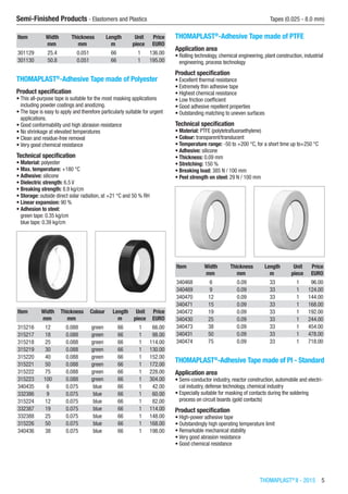 THOMAPLAST®
II - 2015  5
Semi-Finished Products - Elastomers and Plastics	 Tapes (0.025 - 8.0 mm)
Item Width Thickness Length Unit Price
​ mm mm m piece EURO
301129 25.4 0.051 66 1 136.00
301130 50.8 0.051 66 1 195.00
THOMAPLAST®
-Adhesive Tape made of Polyester
Product specification
•	This all-purpose tape is suitable for the most masking applications
including powder coatings and anodizing.
•	The tape is easy to apply and therefore particularly suitable for urgent
applications.
•	Good conformability und high abrasion resistance
•	No shrinkage at elevated temperatures
•	Clean and residue-free removal
•	Very good chemical resistance
Technical specification
•	Material: polyester
•	Max. temperature: +180 °C
•	Adhesive: silicone
•	Dielectric strength: 6.5 V
•	Breaking strength: 8.9 kg/cm
•	Storage: outside direct solar radiation, at +21 °C and 50 % RH
•	Linear expansion: 90 %
•	Adhesion to steel:
green tape: 0.35 kg/cm
blue tape: 0.39 kg/cm​​
Item Width Thickness Colour Length Unit Price
​ mm mm ​ m piece EURO
315216 12 0.088 green 66 1 66.00
315217 18 0.088 green 66 1 98.00
315218 25 0.088 green 66 1 114.00
315219 30 0.088 green 66 1 130.00
315220 40 0.088 green 66 1 152.00
315221 50 0.088 green 66 1 172.00
315222 75 0.088 green 66 1 228.00
315223 100 0.088 green 66 1 304.00
340435 6 0.075 blue 66 1 42.00
332386 9 0.075 blue 66 1 60.00
315224 12 0.075 blue 66 1 82.00
332387 19 0.075 blue 66 1 114.00
332388 25 0.075 blue 66 1 148.00
315226 50 0.075 blue 66 1 168.00
340436 38 0.075 blue 66 1 198.00
THOMAPLAST®
-Adhesive Tape made of PTFE
Application area
•	Rolling technology, chemical engineering, plant construction, industrial
engineering, process technology
Product specification
•	Excellent thermal resistance
•	Extremely thin adhesive tape
•	Highest chemical resistance
•	Low friction coefficient
•	Good adhesive repellent properties
•	Outstanding matching to uneven surfaces
Technical specification
•	Material: PTFE (polytetrafluoroethylene)
•	Colour: transparent/translucent
•	Temperature range: -50 to +200 °C, for a short time up to+250 °C
•	Adhesive: silicone
•	Thickness: 0.09 mm
•	Stretching: 150 %
•	Breaking load: 385 N / 100 mm
•	Peel strength on steel: 29 N / 100 mm​​
Item Width Thickness Length Unit Price
​ mm mm m piece EURO
340468 6 0.09 33 1 96.00
340469 9 0.09 33 1 124.00
340470 12 0.09 33 1 144.00
340471 15 0.09 33 1 168.00
340472 19 0.09 33 1 192.00
340430 25 0.09 33 1 244.00
340473 38 0.09 33 1 454.00
340431 50 0.09 33 1 478.00
340474 75 0.09 33 1 718.00
THOMAPLAST®
-Adhesive Tape made of PI - Standard
Application area
•	Semi-conductor industry, reactor construction, automobile and electri-
cal industry, defense technology, chemical industry
•	Especially suitable for masking of contacts during the soldering
process on circuit boards (gold contacts)
Product specification
•	High-power adhesive tape
•	Outstandingly high operating temperature limit
•	Remarkable mechanical stability
•	Very good abrasion resistance
•	Good chemical resistance
 