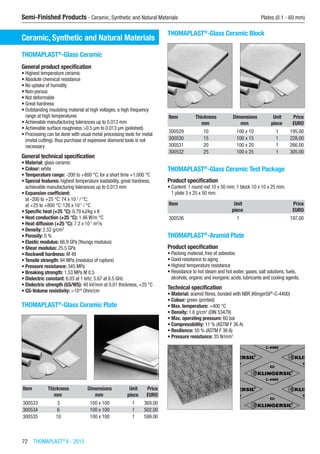 72  THOMAPLAST®
II - 2015
Semi-Finished Products - Ceramic, Synthetic and Natural Materials	 Plates (0.1 - 60 mm)
Ceramic, Synthetic and Natural Materials
THOMAPLAST®
-Glass Ceramic
General product specification
•	Highest temperature ceramic
•	Absolute chemical resistance
•	No uptake of humidity
•	Non-porous
•	Not deformable
•	Great hardness
•	Outstanding insulating material at high voltages, a high frequency
range at high temperatures
•	Achievable manufacturing tolerances up to 0.013 mm
•	Achievable surface roughness >0.5 µm to 0.013 µm (polished)
•	Processing can be done with usual metal processing tools for metal
(metal cutting), thus purchase of expensive diamond tools is not
necessary
General technical specification
•	Material: glass ceramic
•	Colour: white
•	Temperature range: -200 to +800 °C, for a short time +1,000 °C
•	Special features: highest temperature loadability, great hardness,
achievable manufacturing tolerances up to 0.013 mm
•	Expansion coefficient:
at -200 to +25 °C: 74 x 10-7
/ °C;
at +25 to +800 °C: 126 x 10-7
/ °C
•	Specific heat (+25 °C): 0.79 kJ/kg x K
•	Heat conduction (+25 °C): 1.46 W/m °C
•	Heat diffusion (+25 °C): 7.3 x 10-7
m2
/s
•	Density: 2.52 g/cm3
•	Porosity: 0 %
•	Elastic modulus: 66.9 GPa (Youngs modulus)
•	Shear modulus: 25.5 GPa
•	Rockwell hardness: M 48
•	Tensile strength: 94 MPa (modulus of rupture)
•	Pressure resistance: 345 MPa
•	Breaking strength: 1.53 MPa M 0.5
•	Dielectric constant: 6.03 at 1 kHz; 5.67 at 8.5 GHz
•	Dielectric strength (GS/WS): 40 kV/mm at 0.01 thickness, +25 °C
•	GS-Volume resistivity: >1016
Ohm/cm​
THOMAPLAST®
-Glass Ceramic Plate​​
Item Thickness Dimensions Unit Price
​ mm mm piece EURO
300533 3 100 x 100 1 369.00
300534 6 100 x 100 1 502.00
300535 10 100 x 100 1 599.00
THOMAPLAST®
-Glass Ceramic Block​​
Item Thickness Dimensions Unit Price
​ mm mm piece EURO
300529 10 100 x 10 1 195.00
300530 15 100 x 15 1 228.00
300531 20 100 x 20 1 266.00
300532 25 100 x 25 1 305.00
THOMAPLAST®
-Glass Ceramic Test Package
Product specification
•	Content: 1 round rod 10 x 50 mm; 1 block 10 x 10 x 25 mm;  
1 plate 3 x 25 x 50 mm.​​​
Item Unit Price
​ piece EURO
300536 1 197.00
THOMAPLAST®
-Aramid Plate
Product specification
•	Packing material, free of asbestos
•	Good resistance to aging
•	Highest temperature resistance
•	Resistance to hot steam and hot water, gases, salt solutions, fuels,
alcohols, organic and inorganic acids, lubricants and cooling agents.
Technical specification
•	Material: aramid fibres, bonded with NBR (KlingerSil®
-C-4400)
•	Colour: green (printed)
•	Max. temperature: +400 °C
•	Density: 1.6 g/cm3
(DIN 53479)
•	Max. operating pressure: 60 bar
•	Compressibility: 11 % (ASTM F 36 A)
•	Resilience: 50 % (ASTM F 36 A)
•	Pressure resistance: 35 N/mm2
​​
 