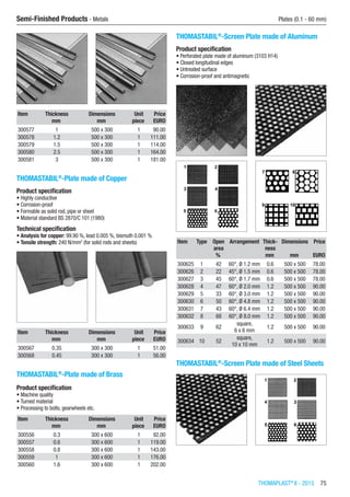 THOMAPLAST®
II - 2015  75
Semi-Finished Products - Metals	 Plates (0.1 - 60 mm)
Item Thickness Dimensions Unit Price
​ mm mm piece EURO
300577 1 500 x 300 1 90.00
300578 1.2 500 x 300 1 111.00
300579 1.5 500 x 300 1 114.00
300580 2.5 500 x 300 1 164.00
300581 3 500 x 300 1 181.00
THOMASTABIL®
-Plate made of Copper
Product specification
•	Highly conductive
•	Corrosion-proof
•	Formable as solid rod, pipe or sheet
•	Material standard BS 2870/C 101 (1980)
Technical specification
•	Analysis for copper: 99.90 %, lead 0.005 %, bismuth 0.001 %
•	Tensile strength: 240 N/mm2
(for solid rods and sheets)​​
Item Thickness Dimensions Unit Price
​ mm mm piece EURO
300567 0.35 300 x 300 1 51.00
300568 0.45 300 x 300 1 56.00
THOMASTABIL®
-Plate made of Brass​​
Product specification
•	Machine quality
•	Turned material
•	Processing to bolts, gearwheels etc.
Item Thickness Dimensions Unit Price
​ mm mm piece EURO
300556 0.3 300 x 600 1 92.00
300557 0.6 300 x 600 1 119.00
300558 0.8 300 x 600 1 143.00
300559 1 300 x 600 1 176.00
300560 1.6 300 x 600 1 202.00
THOMASTABIL®
-Screen Plate made of Aluminum
Product specification
•	Perforated plate made of aluminum (3103 H14)
•	Closed longitudinal edges
•	Untreated surface
•	Corrosion-proof and antimagnetic​​
Item Type Open
area
Arrangement Thick-
ness
Dimensions Price
​ ​ % ​ mm mm EURO
300625 1 42 60°, Ø 1.2 mm 0.6 500 x 500 78.00
300626 2 22 45°, Ø 1.5 mm 0.6 500 x 500 78.00
300627 3 45 60°, Ø 1.7 mm 0.6 500 x 500 78.00
300628 4 47 60°, Ø 2.0 mm 1.2 500 x 500 90.00
300629 5 33 60°, Ø 3.0 mm 1.2 500 x 500 90.00
300630 6 50 60°, Ø 4.8 mm 1.2 500 x 500 90.00
300631 7 43 60°, Ø 6.4 mm 1.2 500 x 500 90.00
300632 8 68 60°, Ø 8.0 mm 1.2 500 x 500 90.00
300633 9 62
square,  
6 x 6 mm
1.2 500 x 500 90.00
300634 10 52
square,  
10 x 10 mm
1.2 500 x 500 90.00
THOMASTABIL®
-Screen Plate made of Steel Sheets​​
 