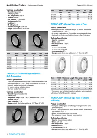 6  THOMAPLAST®
II - 2015
Semi-Finished Products - Elastomers and Plastics	 Tapes (0.025 - 8.0 mm)
Technical specification
•	Material: Pl (polyimide)
•	Colour: grey/white
•	Max. temperature: +180 °C
•	Adhesive: silicone
•	Peel strength: 2.5 N (on steel)
•	Tensile strength: 53 N
•	Insulation: H
•	UL-listing: UL510
•	Dielectrical strength: 6,500 Volt
•	Design: adhesive surface on one side​​
Item Width Thickness Length Unit Price
​ mm mm m piece EURO
340424 6 0.06 33 1 33.00
340425 9 0.06 33 1 47.00
340426 12 0.06 33 1 62.00
340427 15 0.06 33 1 76.00
332384 19 0.06 33 1 80.00
332385 25 0.06 33 1 124.00
THOMAPLAST®
-Adhesive Tape made of PI -
High-Temperature
Product specification
•	These high-performance masking tapes can be used for a short time
at temperatures up to +300 °C and in continuous use up to +260 °C
•	Extremely resistant to chemicals and abrasion
•	For powder coatings and galvanizations
•	Clean and residue-free removal
Technical specification
•	Material: PI (polyimide substrate)
•	Colour: amber
•	Temperature range: -250 to +260 °C, for a short time +300 °C
•	Adhesive: silicone
•	Linear expansion: 70 %
•	Storage: outside direct solar radiation, at +21 °C and 50 % RH​​
Item Width Thickness Length Unit Price
​ mm mm m piece EURO
315210 12 0.063 33 1 148.00
315211 25 0.063 33 1 234.00
315212 50 0.063 33 1 424.00
THOMAPLAST®
-Adhesive Tape made of Paper
Product specification
•	Masking tape in three crepe paper designs for different temperature
ranges from +80 to +180 °C
•	All-purpose masking tape for the most low-temperature applications
•	Usable with synthetic enamel paints, cellulose and acrylic lacquers
Technical specification
•	Material: crepe paper
•	Colour: white
•	Max. temperature: +180 °C
•	Adhesive:
315227+315228: rubber
315229+315230: silicone
•	Linear expansion: 8 %
•	Storage: outside direct solar radiation; at +21 °C and 50 % RH​​
Item Width Thickness Length Max. temp. Unit Price
​ mm mm m °C piece EURO
315227 25 0.12 50 80 1 32.00
315228 25 0.55 50 135 1 34.00
3152291
18 0.14 50 180 1 70.00
3152301
25 0.14 50 180 1 96.00
1
This masking tape is fitted with a silicone adhesive system particular-
ly developed for high temperature coatings.
THOMAPLAST®
-Adhesive Tape made of Silicone -
self-fusing
Product specification
•	The tape is self-fusing and self-adhering providing a void-free homo-
geneous wrapping
•	It forms a homogeneous mass within 24 hours at room temperature or
in 4 minutes at +180 °C
•	Without adhesive, thus residue-free removal
•	Can easily cover irregular shapes or uneven surfaces
Technical specification
•	Material: silicone (silicone rubber)
•	Colour: dark-red
•	Max. temperature: +260 °C
•	Adhesive: without
•	Linear expansion: 300 %
•	Storage: outside direct solar radiation; at +21 °C and 50 % RH​​
 