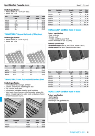 THOMAPLAST®
II - 2015  91
Semi-Finished Products - Metals	 Rods (2 - 210 mm)
Product specification
•	Material standard BS 1474 HE3OTF (1972)
•	Material:AIBS 1474
Item Outside Ø Length Unit Price
​ mm mm piece EURO
300586 6.35 610 1 19.00
300587 12.7 610 1 25.00
300588 19.05 610 1 35.00
300589 25.4 610 1 48.00
300590 38.1 610 1 76.00
THOMASTABIL®
-Square Rod made of Aluminum
Product specification
•	Material standard BS 1474 HETF (1972)
•	Material:AIBS 1474​​
Item Width Height Length Unit Price
​ mm mm mm piece EURO
300591 19.05 3.2 610 1 27.00
300592 25.4 3.2 610 1 30.00
300593 50.8 3.2 610 1 39.00
THOMASTABIL®
-Solid Rod made of Stainless Steel
Product specification
•	Seamless type 316L according to ASTM 269
•	Austenitic, corrosion-proof and antimagnetic steel
•	Easy to process and to polish
•	Improvement of mechanical properties by cold processing
•	Typical use in chemical engineering, food processing, gas and oil in-
dustries, in hospital engineering and in vehicle construction, wherever
corrosion resistance is required.​​
Item Outside Ø Length Unit Price
​ mm mm piece EURO
300569 4 1,000 1 23.00
300570 6 1,000 1 28.00
Item Outside Ø Length Unit Price
​ mm mm piece EURO
300571 10 1,000 1 45.00
300572 12 1,000 1 48.00
300573 14 1,000 1 65.00
300574 18 1,000 1 87.00
300575 20 1,000 1 110.00
300576 25 1,000 1 133.00
THOMASTABIL®
-Solid Rod made of Copper
Product specification
•	Highly conductive
•	Corrosion-proof
•	Formable as solid rod, pipe or sheet
•	Material standard BS 2870/C 101 (1980)
Technical specification
•	Analysis for copper: 99.90 %, lead 0.005 %, bismuth 0.001 %
•	Tensile strength: 240 N/mm2
(for solid rods and sheets)​​
Item Outside Ø Length Unit Price
​ mm mm piece EURO
300561 3 1,000 1 13.00
300562 6 1,000 1 25.00
300563 12 1,000 1 80.00
300564 15 1,000 1 114.00
300565 20 1,000 1 142.00
300566 25 1,000 1 191.00
THOMASTABIL®
-Solid Rod made of Brass
Product specification
•	Machine quality
•	Turned material
•	Processing to bolts, gearwheels etc.​​
 