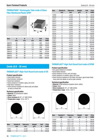 96  THOMAPLAST®
II - 2015
Semi-Finished Products	 Cords (0.8 - 30 mm)
THOMASTABIL®
-Rectangular Tube made of Glass
Fiber Reinforced Plastic GFRP​​
Item A B C Unit Price
​ mm mm mm mm EURO
306470 30 15 2.5 500 50.00
306471 30 15 2.5 1,000 84.00
306472 30 30 2.5 500 72.00
306473 30 30 2.5 1,000 106.00
306474 38 38 3 500 92.00
306475 38 38 3 1,000 154.00
306476 40 40 5 500 112.00
306477 40 40 5 1,000 188.00
Cords (0.8 - 30 mm)
THOMAPLAST®
-High-Tech Round Cord made of CR
Product specification
•	Good elastic behavior
•	Good abrasion resistance
•	Good heat resistance
•	Good resistance to weather, aging, and ozone
•	High flame-resistance
•	Good chemical resistance to dilute acids and alkalis  
as well as mineral oils
Technical specification
•	Material: CR (chloroprene rubber)
•	Colour: black
•	Shore hardness A: 60° ±5° (DIN 53505)
•	Temperature range: -25 to +90 °C​​
Item Outside Ø Tolerance Weight Unit Price
​ mm mm g/m m EURO
13307 2 ±0.35 4 5 39.00
13308 2 ±0.35 4 10 64.00
Item Outside Ø Tolerance Weight Unit Price
​ mm mm g/m m EURO
13309 3 ±0.40 9 5 34.00
13310 3 ±0.40 9 10 58.00
13311 4 ±0.40 16 5 48.00
13312 4 ±0.40 16 10 84.00
13313 5 ±0.50 25 5 56.00
13314 5 ±0.50 25 10 98.00
13315 6 ±0.50 35 5 62.00
13316 6 ±0.50 35 10 108.00
13317 7 ±0.70 48 5 74.00
13318 7 ±0.70 48 10 130.00
13319 8 ±0.70 63 5 80.00
13320 8 ±0.70 63 10 140.00
13321 9 ±0.70 79 5 121.00
13322 9 ±0.70 79 10 223.00
13323 10 ±0.70 98 5 128.00
13324 10 ±0.70 98 10 222.00
13325 12 ±0.80 141 3 98.00
13326 12 ±0.80 141 5 140.00
13327 15 ±0.80 221 3 148.00
13328 15 ±0.80 221 5 216.00
13329 20 ±1.00 393 1 76.00
13330 20 ±1.00 393 3 196.00
THOMAPLAST®
-High-Tech Round Cord made of EPDM
Product specification
•	Very good resistance to weather
•	Good elastic behavior
•	Good resistance to heat, cold, and aging
•	Good resistance to weather, aging, and ozone
•	Good chemical resistance to hot water and steam, glycol brake fluids,
many acids and alkalis as well as polar solvents.
Technical specification
•	Material: EPDM (ethylene-propylene-diene rubber)
•	Colour: black
•	Shore hardness A: 70° ±5° (DIN 53505)
•	Temperature range: -25 to +120 °C​​
Item Outside Ø Tolerance Weight Unit Price
​ mm mm g/m m EURO
13333 2 +0.3 / -0.1 4 5 80.00
13334 2 +0.3 / -0.1 4 10 136.00
13335 2.5 +0.3 / -0.1 7 5 85.00
13336 2.5 +0.3 / -0.1 7 10 144.00
13337 3 +0.35 / -0.15 10 5 87.00
13338 3 +0.35 / -0.15 10 10 146.00
 