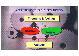 Thoughts & feelings
Your ME unltd is a bussy factory
Positive
Negative
Attitude
 