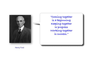 Henry Ford
Coming together
is a beginning
Keeping together
is progress
Working together
is success.
 