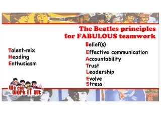 Talent-mix
Heading
Enthusiasm
Belief(s)
Effective communication
Accountability
Trust
Leadership
Evolve
Stress
T
H
E
B
E
A
T
L
E
S
The Beatles principles
for FABULOUS teamwork
 