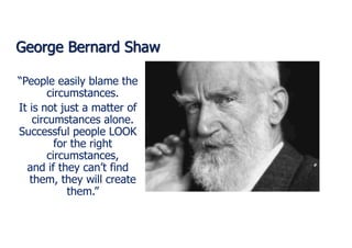George Bernard Shaw
People easily blame the
circumstances.
It is not just a matter of
circumstances alone.
Successful people LOOK
for the right
circumstances,
and if they cant find
them, they will create
them.
 