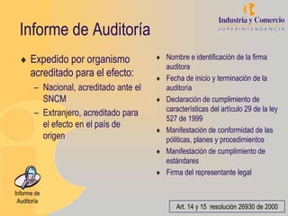 Informe de Auditoría
      Expedido por organismo            Nombre e identificación de la firma
                                        auditora
      acreditado para el efecto:        Fecha de inicio y terminación de la
       – Nacional, acreditado ante el   auditoría
         SNCM                           Declaración de cumplimiento de
                                        características del artículo 29 de la ley
       – Extranjero, acreditado para
                                        527 de 1999
         el efecto en el país de
                                        Manifestación de conformidad de las
         origen                         póliticas, planes y procedimientos
                                        Manifestación de cumplimiento de
                                        estándares
                                        Firma del representante legal

Informe de
 Auditoría
                                           Art. 14 y 15 resolución 26930 de 2000
 