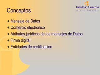 Conceptos
♦ Mensaje de Datos
♦ Comercio electrónico
♦ Atributos jurídicos de los mensajes de Datos
♦ Firma digital
♦ Entidades de certificación
 