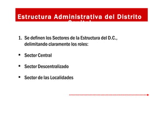 Estructura Administrativa del Distrito Capital Se definen los Sectores de la Estructura del D.C., delimitando claramente los roles: Sector Central Sector Descentralizado  Sector de las Localidades 