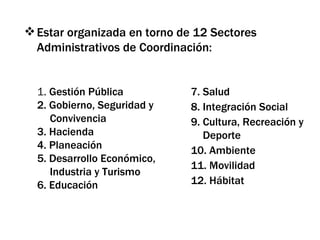 Estar organizada en torno de 12 Sectores Administrativos de Coordinación: 1.  Gestión Pública 2. Gobierno, Seguridad y Convivencia 3. Hacienda 4. Planeación 5. Desarrollo Económico, Industria y Turismo 6. Educación  7. Salud  8. Integración Social 9. Cultura, Recreación y Deporte  10. Ambiente 11. Movilidad 12. Hábitat 