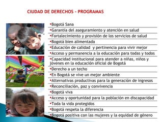 CIUDAD DE DERECHOS - PROGRAMAS Bogotá Sana Garantía del aseguramiento y atención en salud Fortalecimiento y provisión de los servicios de salud Bogotá bien alimentada  Educación de calidad  y pertinencia para vivir mejor  Acceso y permanencia a la educación para todas y todos Capacidad institucional para atender a niñas, niños y jóvenes en la educación oficial de Bogotá Derecho a un techo En Bogotá se vive un mejor ambiente Alternativas productivas para la generación de ingresos Reconciliación, paz y convivencia  Bogotá viva  Acceso y oportunidad para la población en discapacidad Toda la vida protegidos  Bogotá respeta la diferencia Bogotá positiva con las mujeres y la equidad de género 