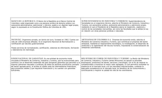 BANCO DE LA REPUBLICA: El Banco de la República es el Banco Central de                   SUPER INTENDENCIA DE INDUSTRIA Y COMERCIO: Superintendencia de
Colombia y está organizado como una persona jurídica de derecho público con              Sociedades es un organismo técnico, adscrito al Ministerio de Comercio, Industria y
autonomía administrativa, patrimonial y técnica, sujeto a un régimen legal propio,       Turismo, con personería jurídica, autonomía administrativa y patrimonio propio,
según lo expresado en la Constitución Política de Colombia de 1991.                      mediante el cual el Presidente de la República ejerce la inspección, vigilancia y
                                                                                         control de las sociedades mercantiles, así como las facultades que le señala la Ley
                                                                                         en relación con otras personas jurídicas o naturales.




INCONTEC: Organismo privado, sin ánimo de lucro, fundado en 1963. Cuenta con             ARTESANIAS DE COLOMBIA S.A : Empresa de economía mixta, adscrita al
más de 1300 empresas afiliadas. Es el organismo Nacional de Normalización y              Ministerio de Comercio Industria y Turismo, que contribuye al progreso del sector
Certificación por decreto gubernamental.                                                 artesanal, mediante el mejoramiento tecnológico, la investigación, el desarrollo de
                                                                                         productos y la capacitación del recurso humano, impulsando la comercialización de
Presta servicios de normalización, certificación, sistemas de información, formación     artesanías colombianas.
y laboratorios de metrología.




FONDO NACIONAL DE GARANTIAS: Es una entidad de economía mixta                            MIN ISTERIO DE COMER CIO INDUSTRIA Y TURISMO: La Misión del Ministerio
vinculada al Ministerio de Comercio, Industria y Turismo, que ha evolucionado para       de Comercio, Industria y Turismo (antes Mincomex) es apoyar la actividad
contribuir con el desarrollo sostenible del país otorgando garantías que permitan a la   empresarial, productora de bienes, servicios y tecnología, con el fin de mejorar su
mipyme (personas naturales o jurídicas) de todos los sectores económicos (excepto        competitividad e incentivar el mayor valor agregado, lo cual permitirá consolidar su
del sector agropecuario), el acceso al crédito ante los intermediarios financieros,      presencia en el mercado local y en los mercados internacionales, cuidando la
para proyectos viables y que requieran financiación y no cuenten con garantías           adecuada competencia en el mercado local, en beneficio de los consumidores y
suficientes.                                                                             contribuyendo a mejorar la calidad de vida de los colombianos.
 