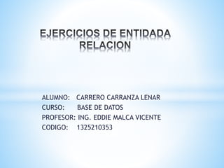 ALUMNO: CARRERO CARRANZA LENAR
CURSO: BASE DE DATOS
PROFESOR: ING. EDDIE MALCA VICENTE
CODIGO: 1325210353
 