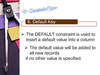 65.. DCehefacukl tK Keeyy 
 The DEFAULT constraint is used to 
insert a default value into a column 
 The default value will be added to 
all new records 
if no other value is specified. 
 