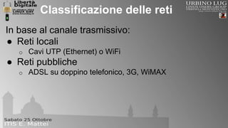 Classificazione delle reti 
In base al canale trasmissivo: 
● Reti locali 
o Cavi UTP (Ethernet) o WiFi 
● Reti pubbliche 
o ADSL su doppino telefonico, 3G, WiMAX 
 