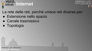 Internet 
La rete delle reti, perché unisce reti diverse per: 
● Estensione nello spazio 
● Canale trasmissivo 
● Topologia 
 