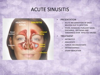 ACUTE SINUSITIS PRESENTATION ACUTE INFLAMMATION OF SINUS MUCOSA DUE TO INFECTION FEVER, HEADACHE, PURULENT NASAL DISCHARGE,  ERYTHEMA AND TENDERNESS OVER  AFFECTED SINUSES TREATMENT ANTIBIOTICS ANALGESICS TOPICAL DECONGESTANTS ANTIHISTAMINICS STEAM INHALATION 