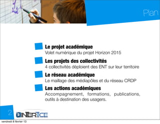 Plan


                         Le projet académique
                         Volet numérique du projet Horizon 2015
                         Les projets des collectivités
                         4 collectivités déploient des ENT sur leur territoire
                         Le réseau académique
                         Le maillage des médiapôles et du réseau CRDP
                         Les actions académiques
                         Accompagnement, formations, publications,
                         outils à destination des usagers.


     2
dimanche 10 février 13
 