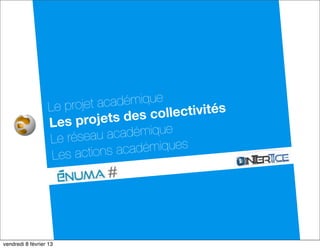 Le projet académique
                                   collectivités
                 Le s projets des
                 Le réseau  académique
                  Les actions académiques




dimanche 10 février 13
 
