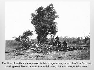 The litter of battle is clearly seen in this image taken just south of the Cornfield
looking west. It was time for the burial crew, pictured here, to take over.
 